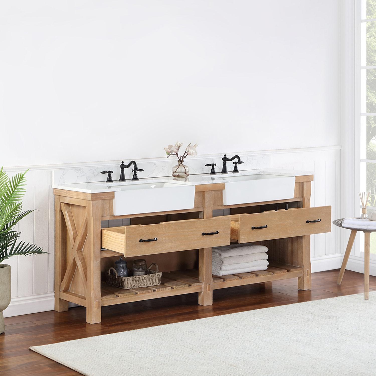 Weathered Pine Double Sink Vanity with White Stone Top