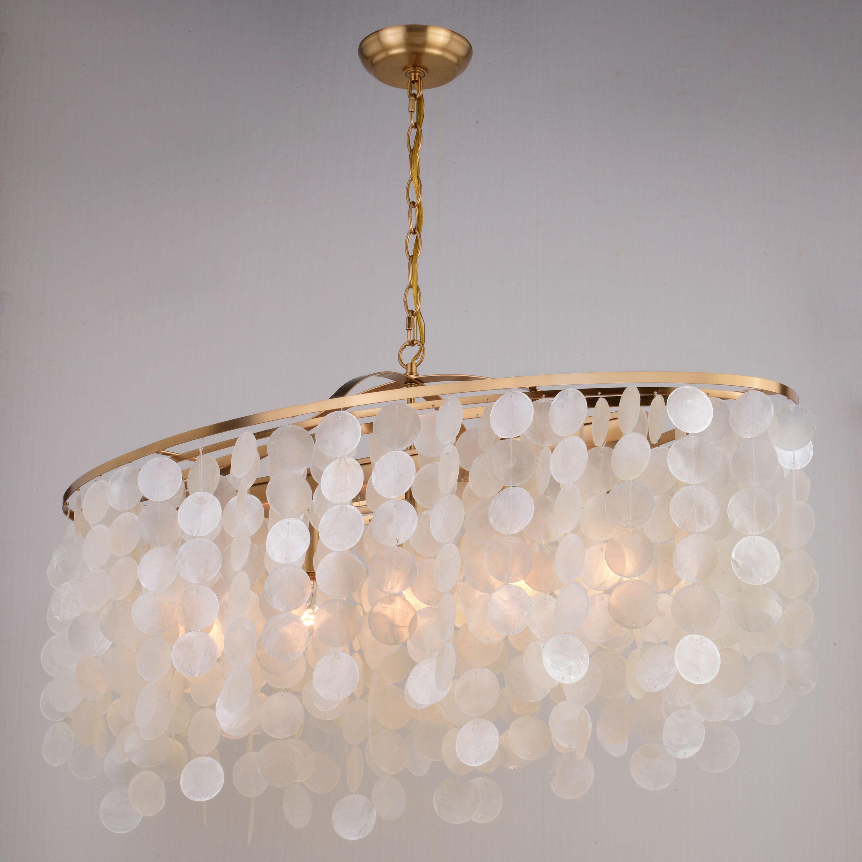 Elsa 5 Light Gold Brass Modern Coastal Glam Linear Chandelier Island Pendant Fixture with Capiz Shell