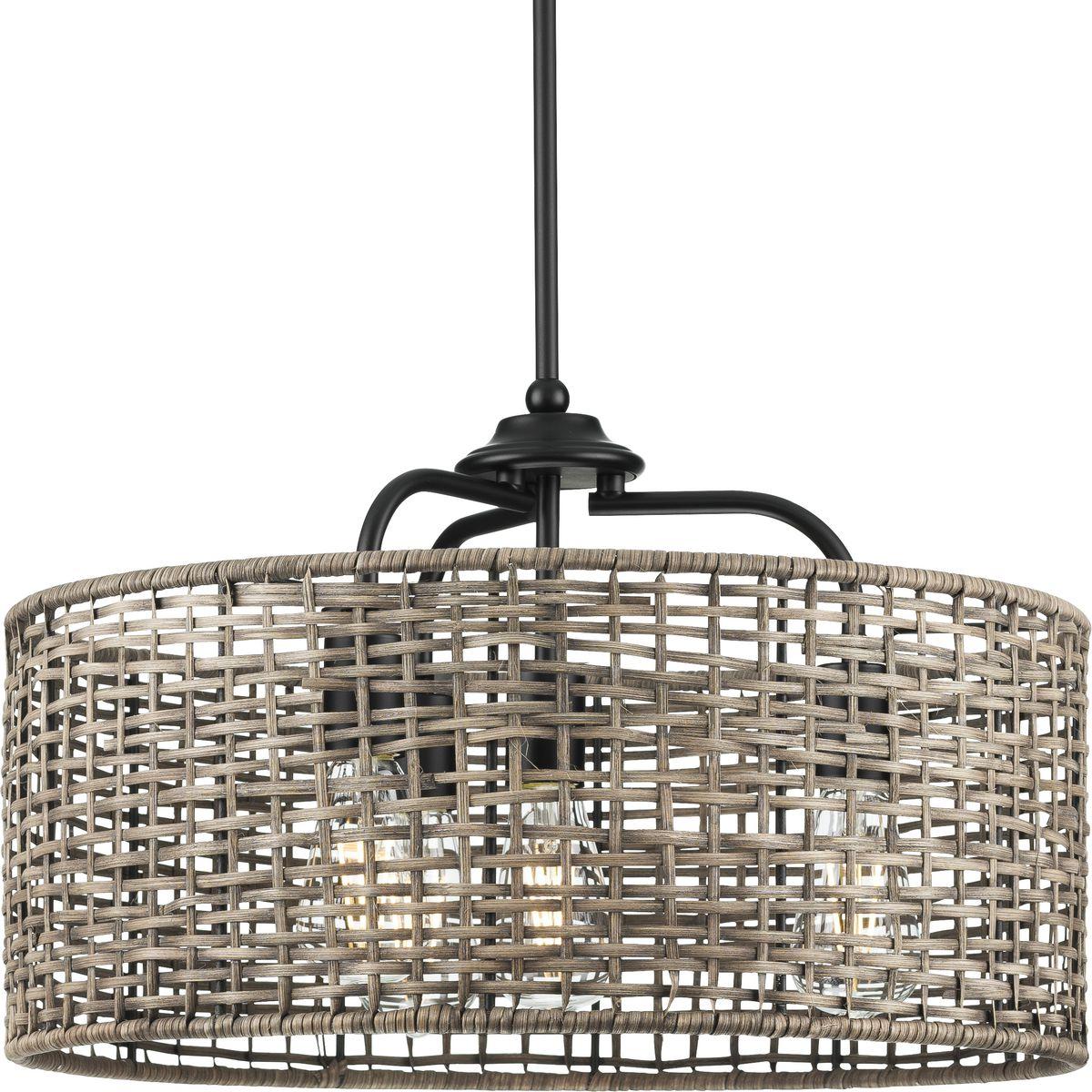 Progress Lighting Lavelle 4-Light Pendant, Matte Black, Natural Rattan Shade