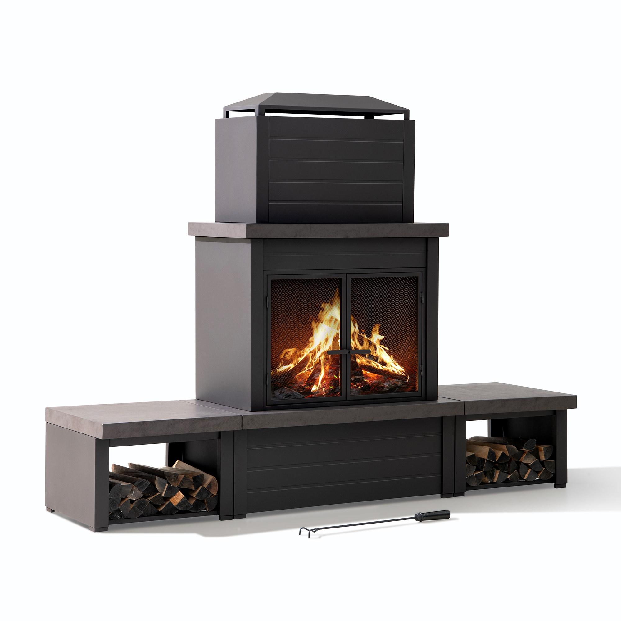 Matte Black Steel Wood-Burning Outdoor Fireplace with Chimney
