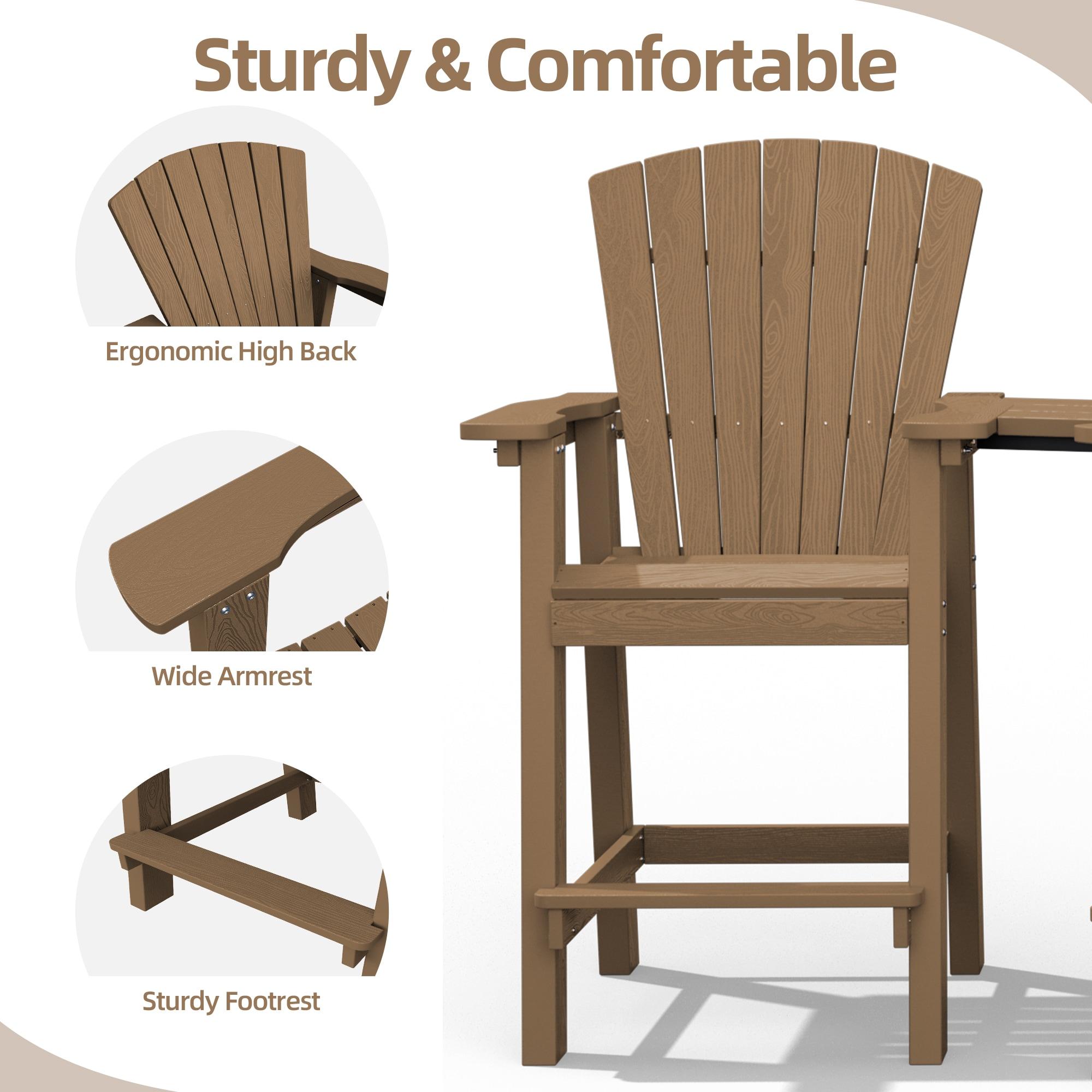 JUSTLET Tall Plastic Adirondack Chair Set of 2 W/ Outdoor Barstools and Connecting Tray, Brown