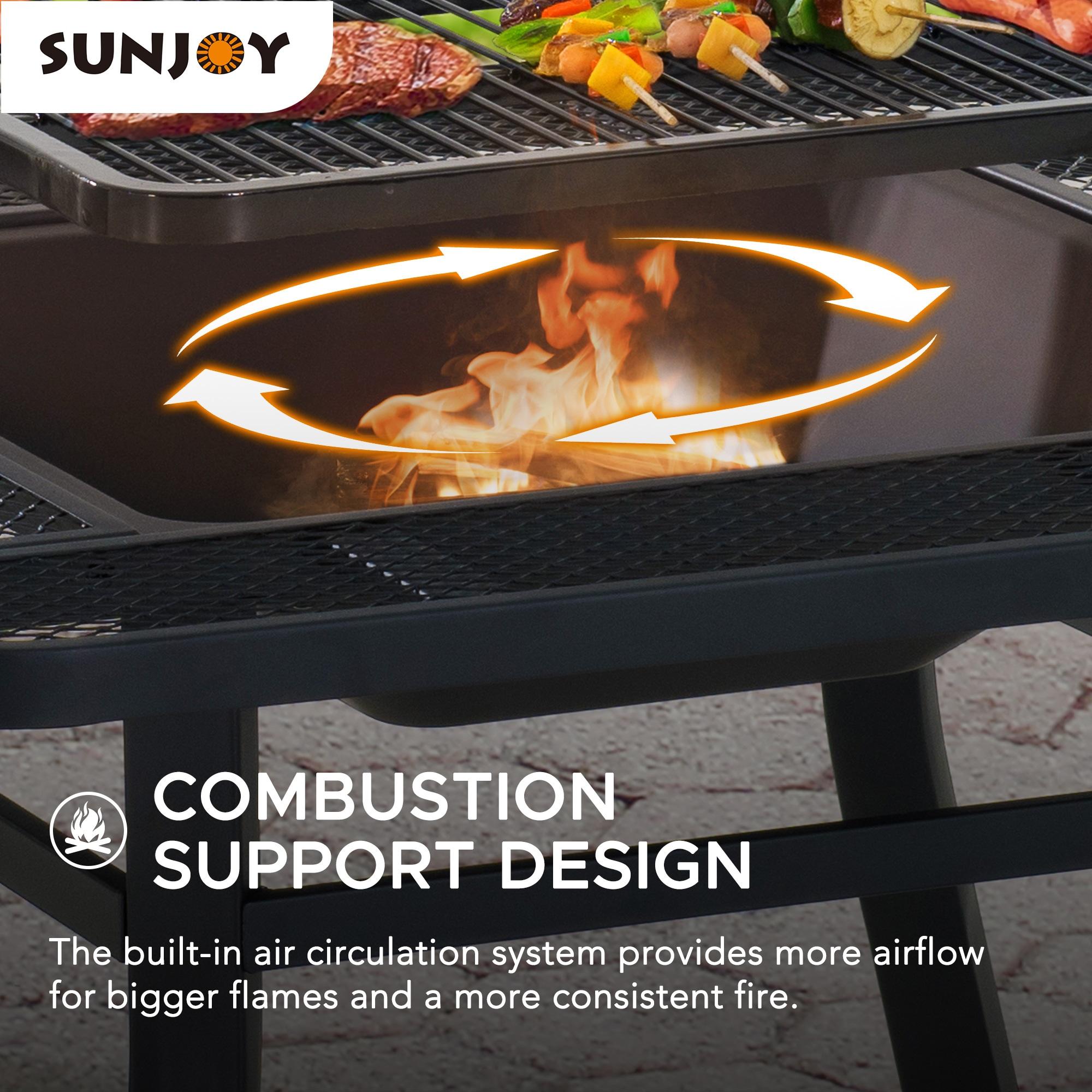 SUNJOY 38 Inch Grill Fire Pit for Outside, Outdoor Wood Burning Firepit with Adjustable Grill Grate and Fire Poker, BBQ Fire Pit table for Patio and Backyard