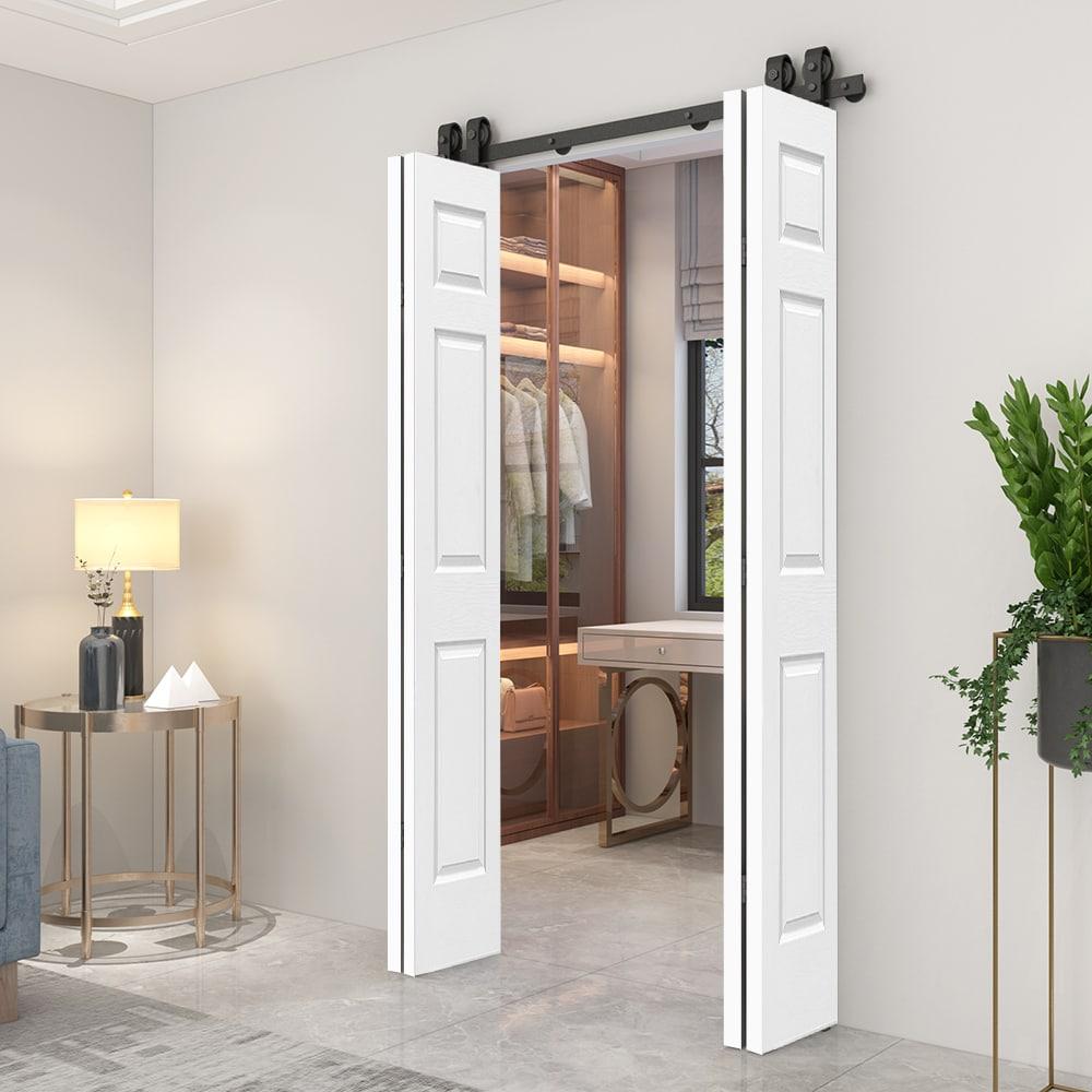 72 in. x 80 in. Hollow Core 6 Panel Primed MDF Composite Double Bi-Fold Barn Doors with Sliding Hardware Kit