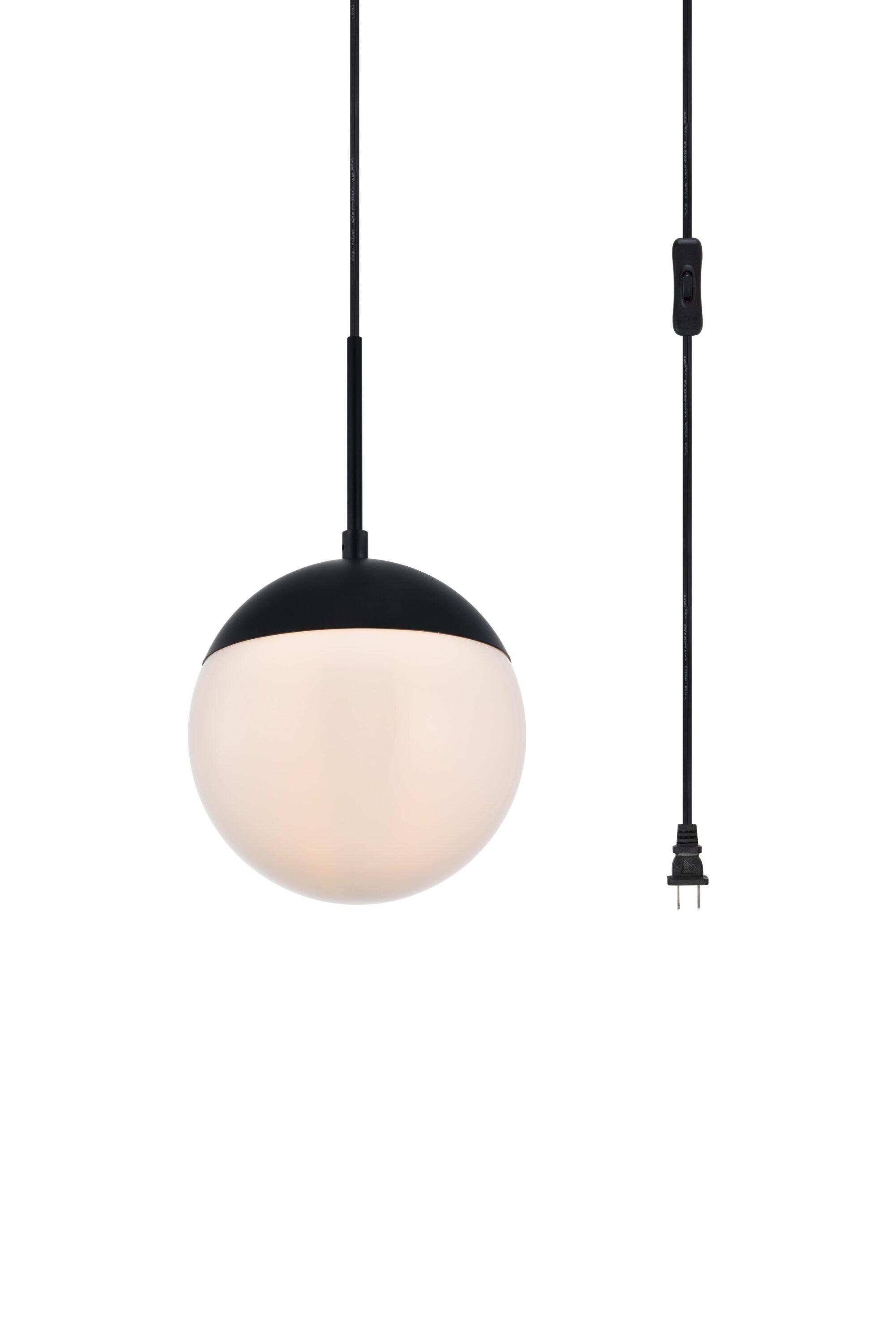 Elegant Lighting Eclipse 1 Light Black plug in pendant With Frosted White Glass