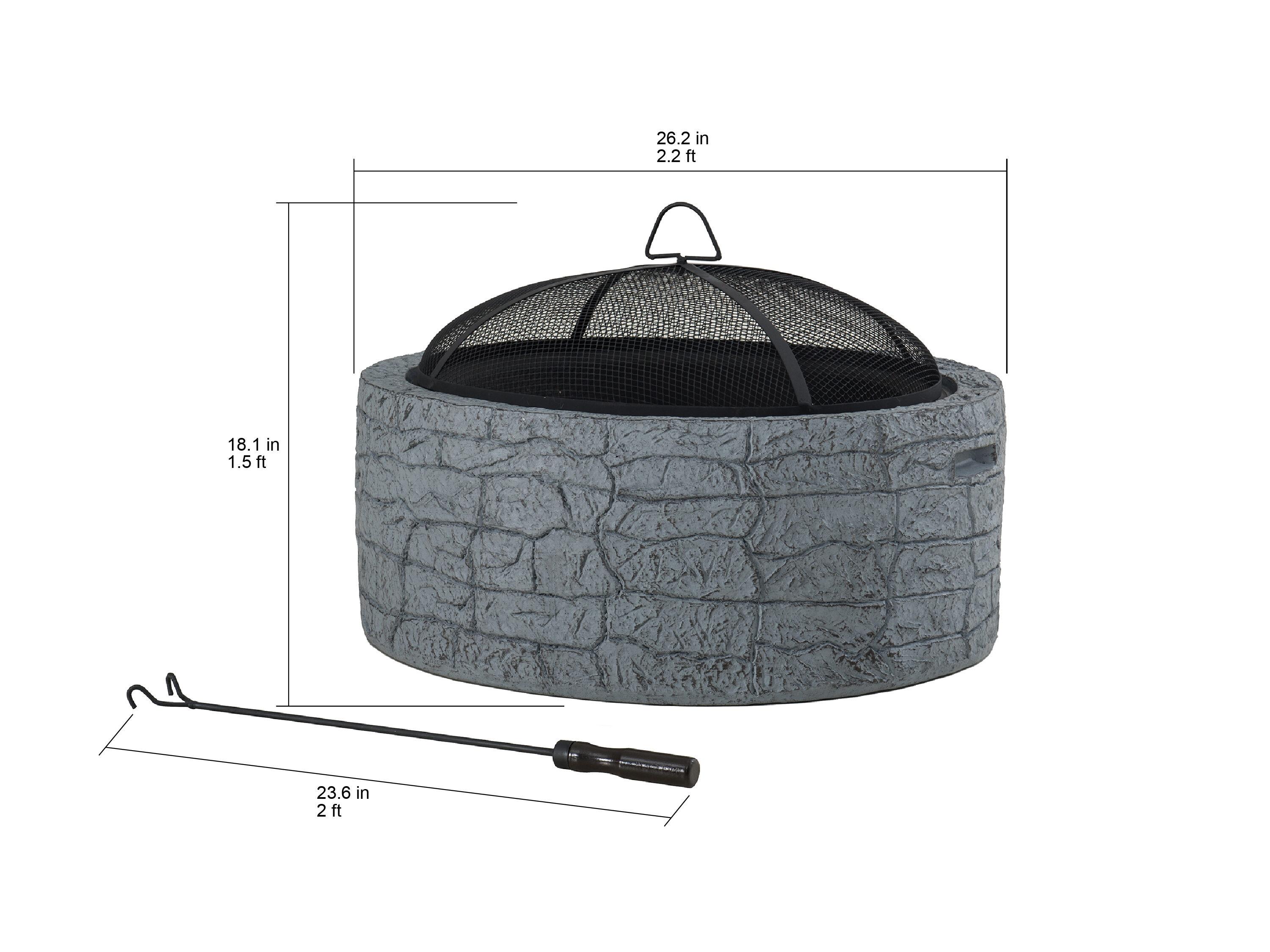 Sunjoy Stone Fire Pit 26 Inch, Outdoor Round Wood Burning Fire Pits with Spark Screen and Poker  Grey