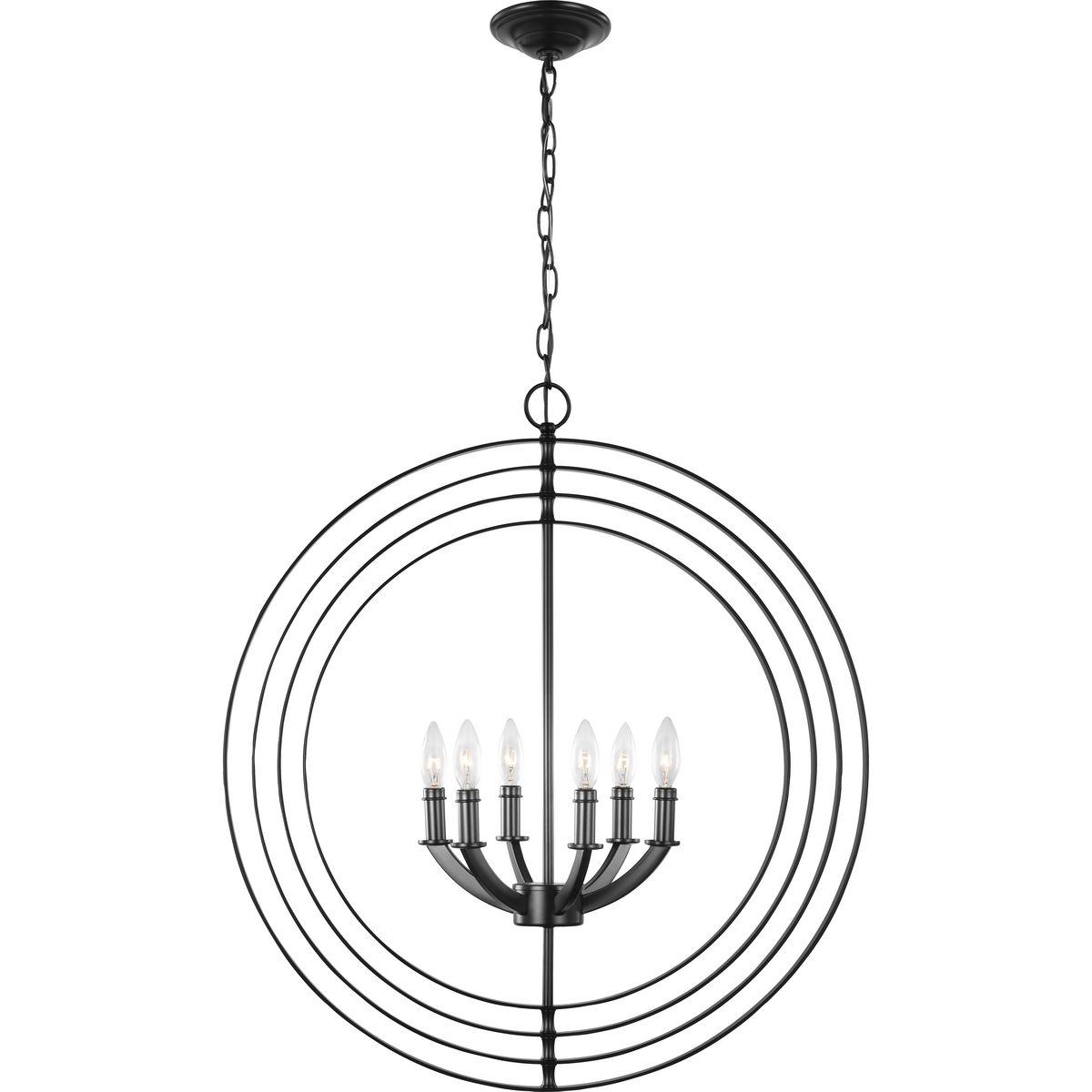 Progress Lighting Equinox 6-Light Chandelier Pendant, Steel, Black Finish, Armillary Sphere Design, Polished Chrome Shade