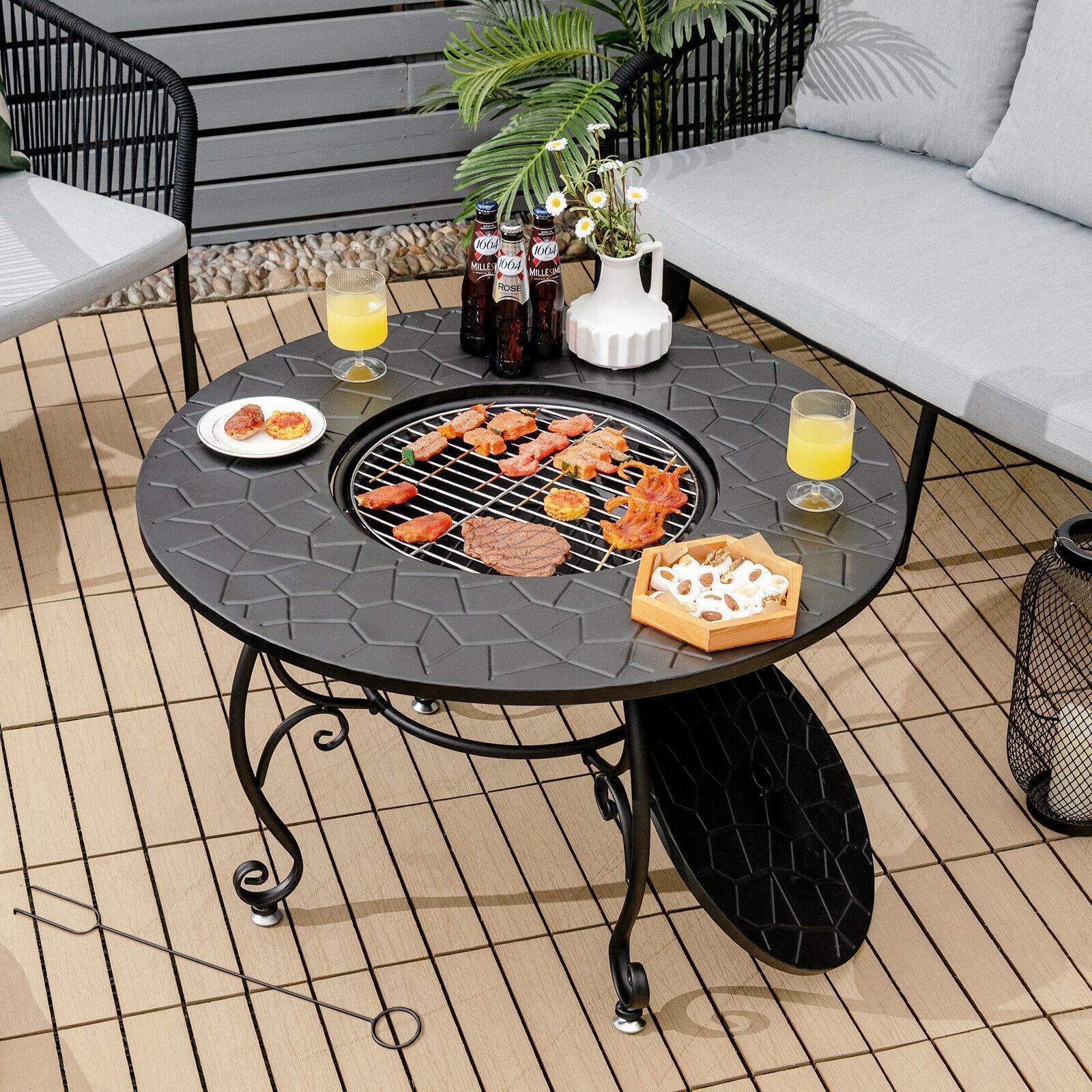 Costway 35.5'' Patio Fire Pit Dining Table Charcoal Wood Burning W/ Cooking BBQ Grate