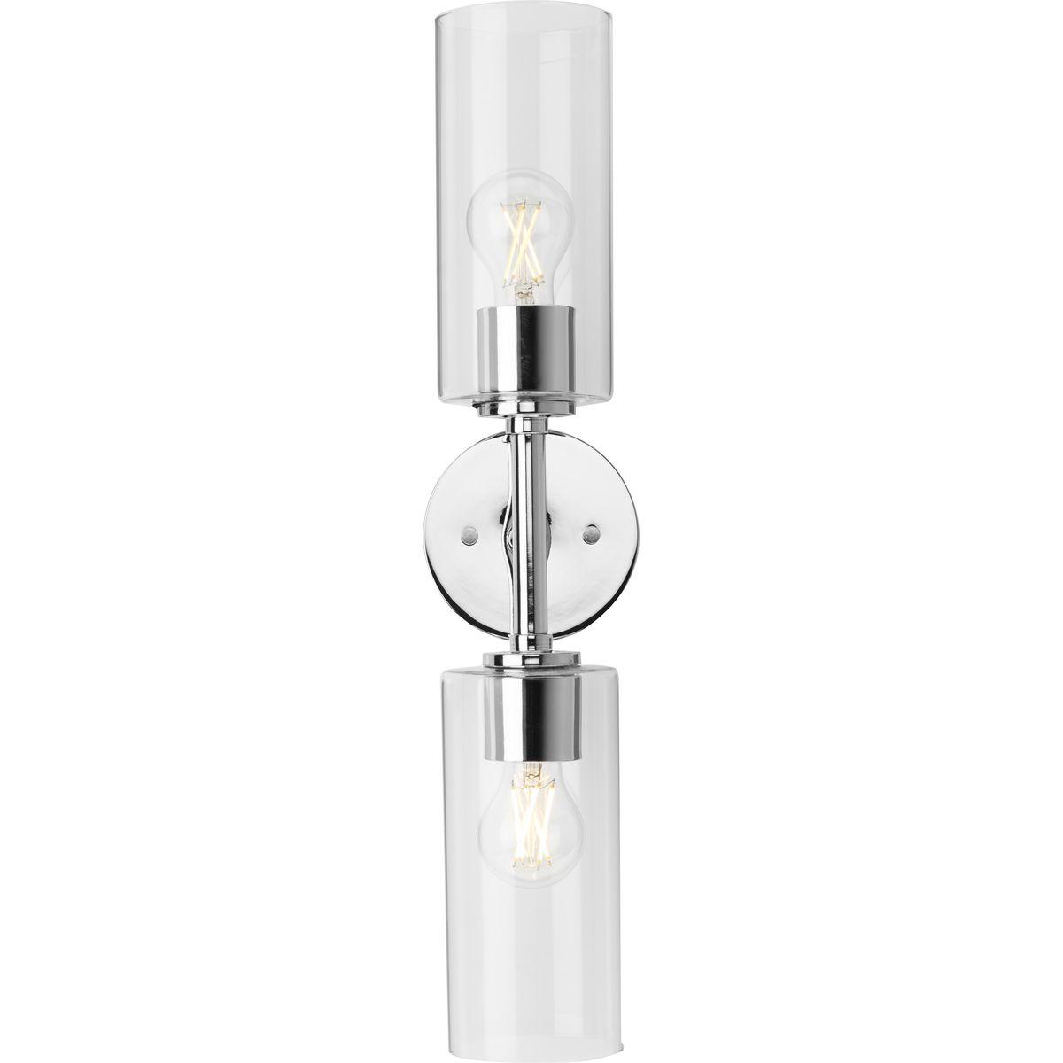 Progress Lighting Cofield 2-Light Wall Bracket, Polished Chrome, Cylindrical Glass Shade