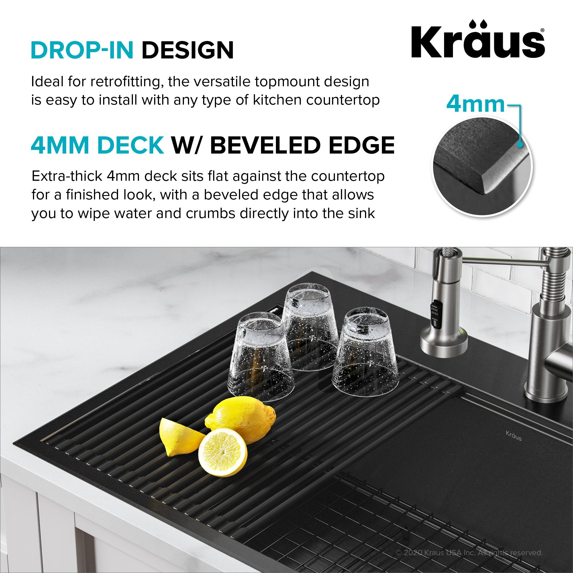 KRAUS Kore™ Workstation 33" L Top Mount Drop-In 16 Gauge Black Stainless Steel Single Bowl Kitchen Sink