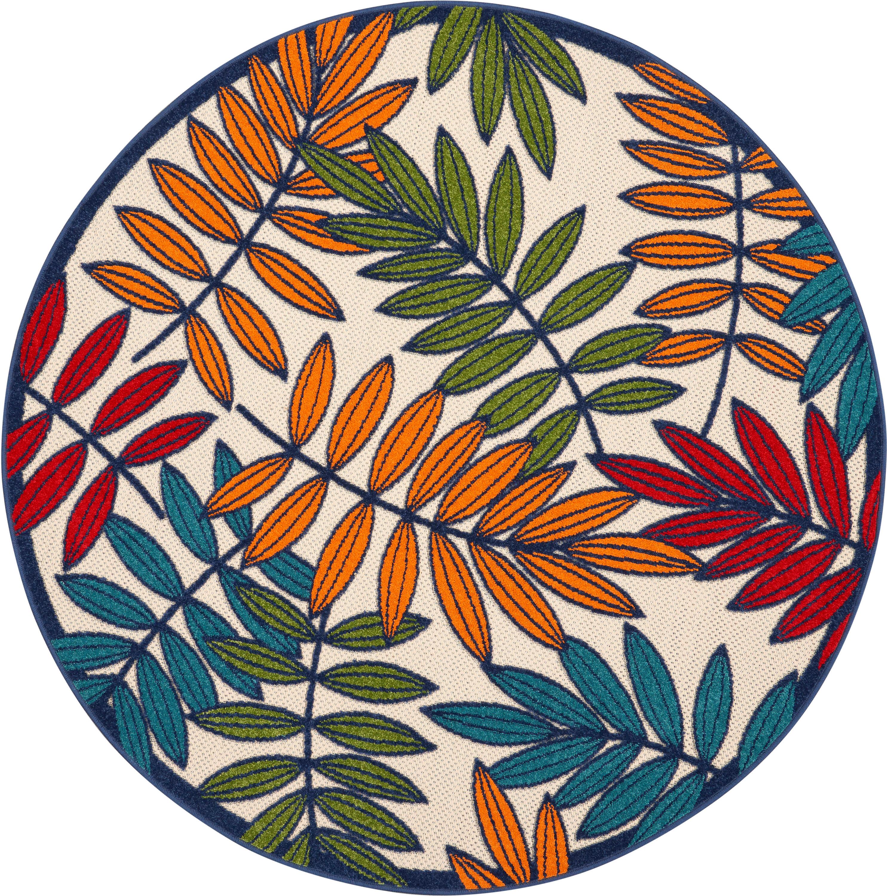 Nourison Aloha Floral Leaf Flatweave High-Low Indoor Outdoor Round Rug Multicolor 4' x 4'