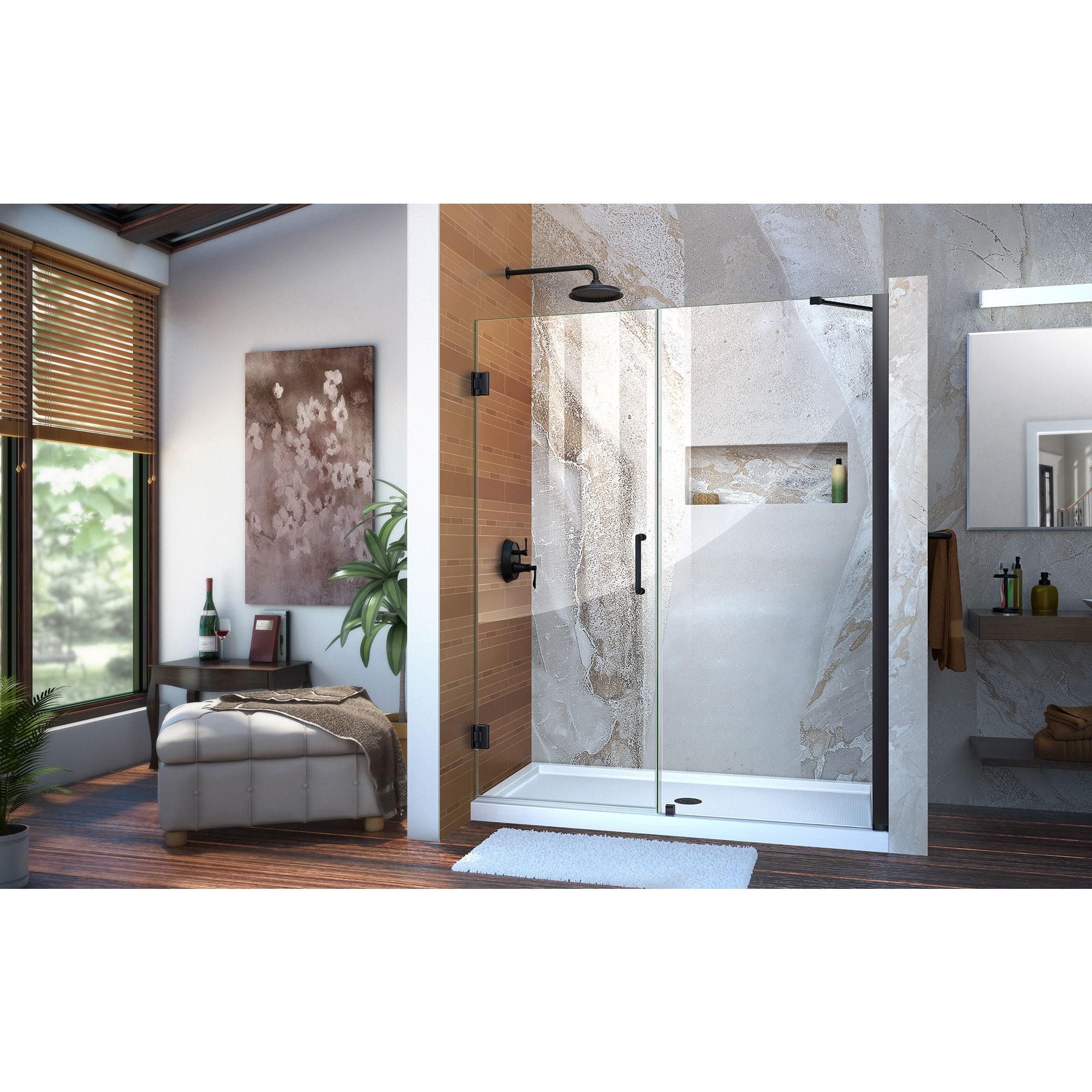 Unidoor 57" W x 72" H Hinged Frameless Shower Door and Fixed Panel with ClearMax Glass Treatment