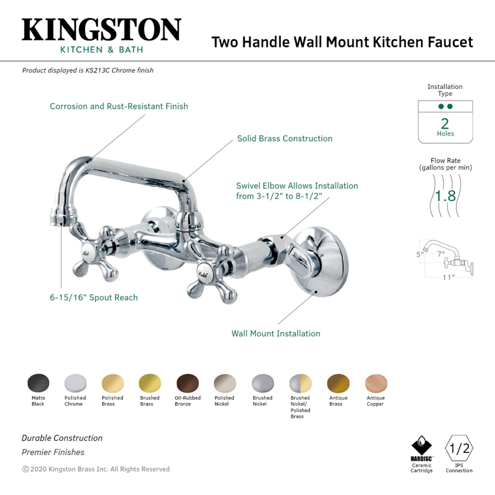 Kingston Brass Kingston Double-Handle 2-Hole Wall-Mount Bridge Kitchen Faucet