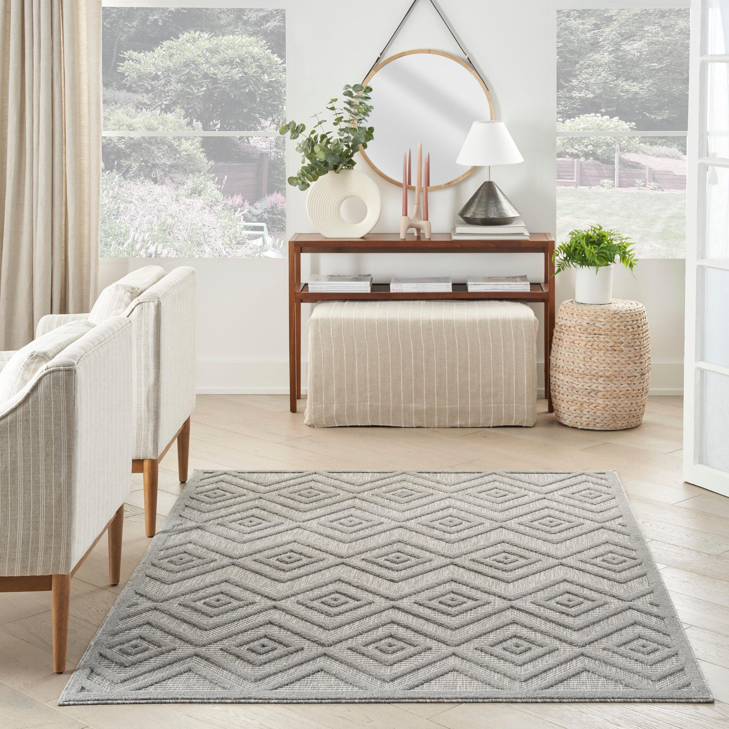 Nourison Versatile Diamond Geometric Flatweave Indoor Outdoor Area Rug Silver Grey 6' x 9'