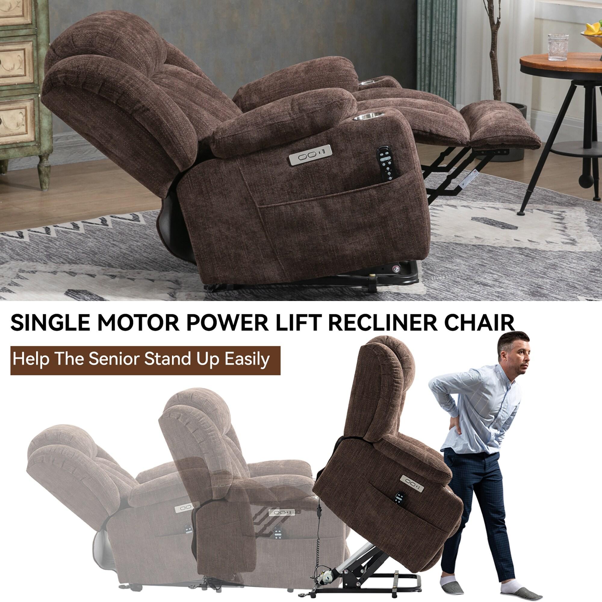 Power Lift Chair with Full-Body Massage and Heat, Electric Recliner Chairs for Adults, Remote Control, Standing Assistance, USB Ports, Stainless Steel Cup Holders, Chenille Brown