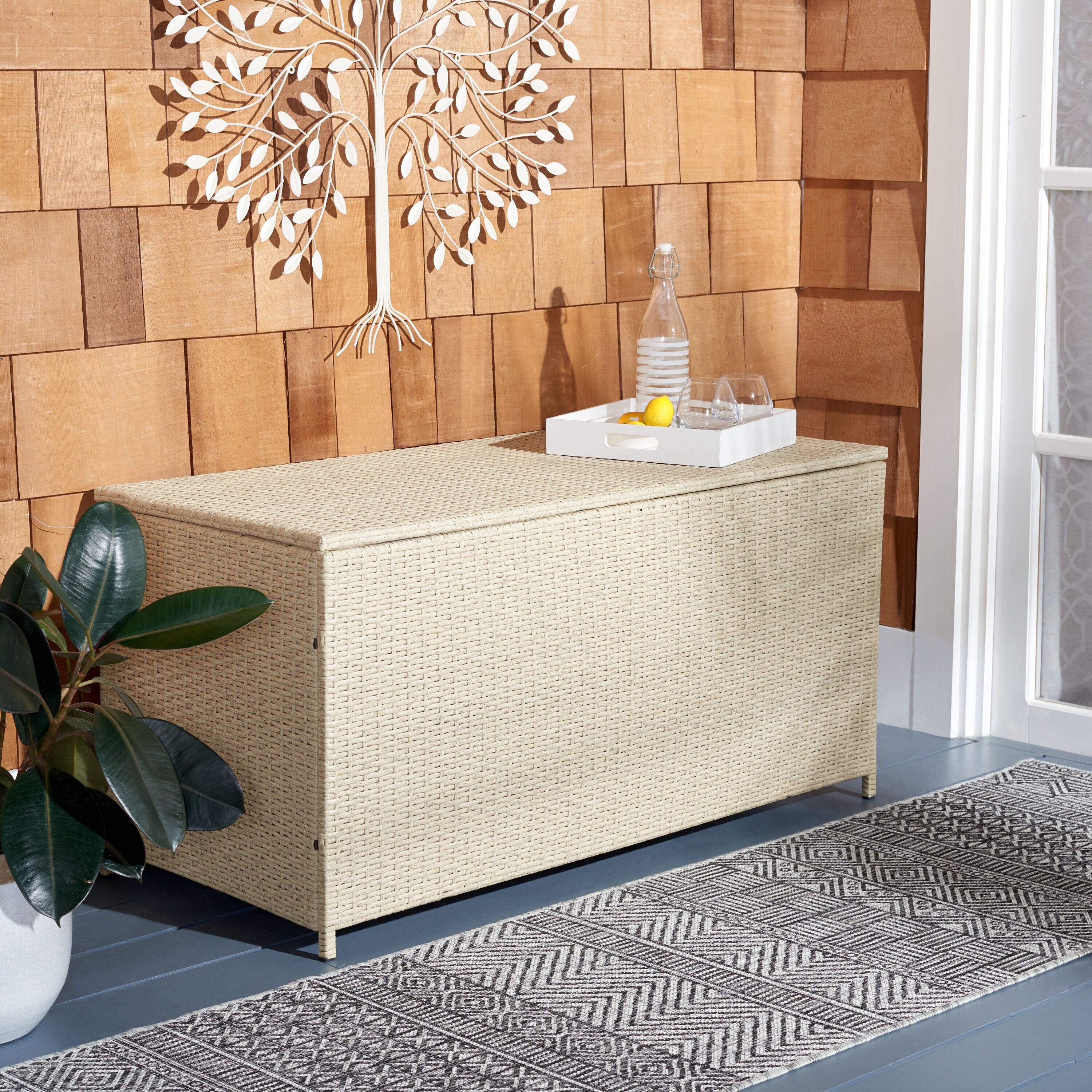 Oliveira Outdoor Cushion Deck Box - Beige/White Cushion - Safavieh
