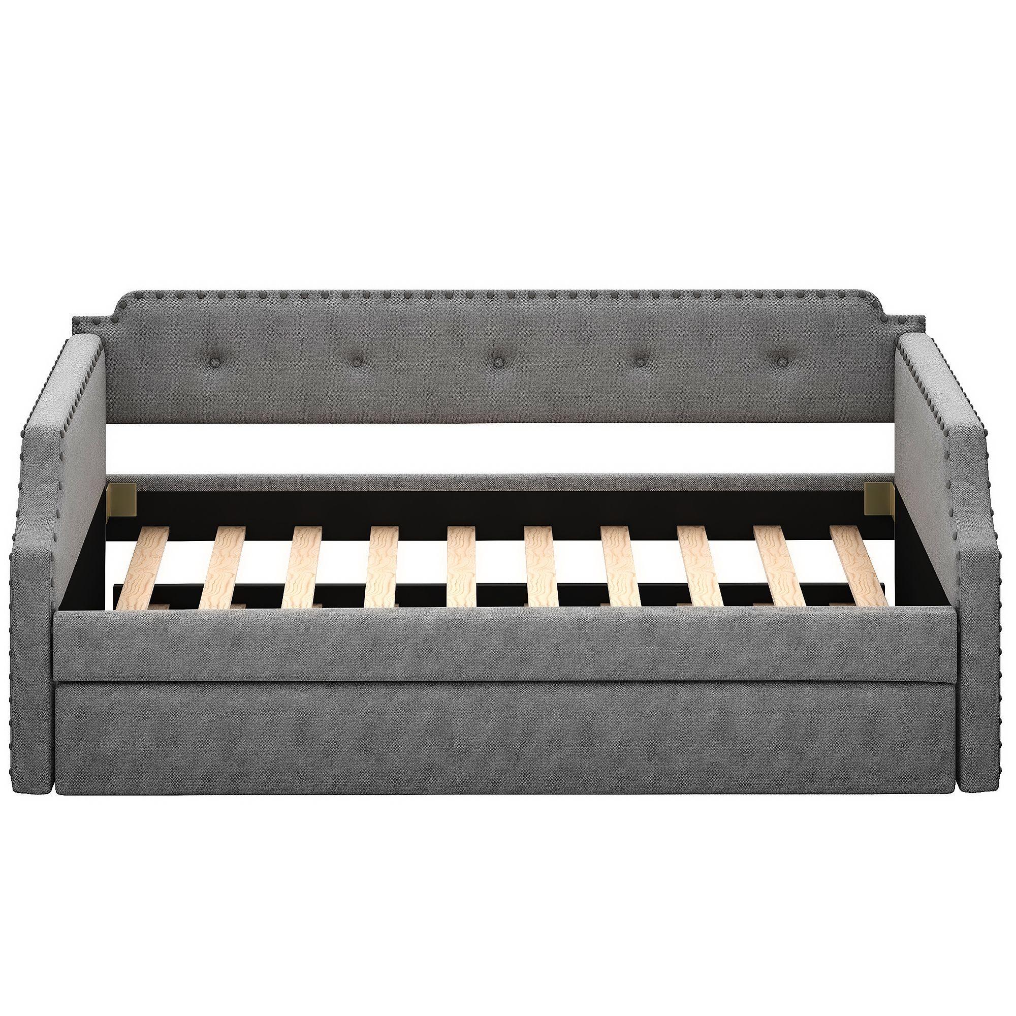 Gray Twin Upholstered Daybed with Trundle and Nailhead Trim