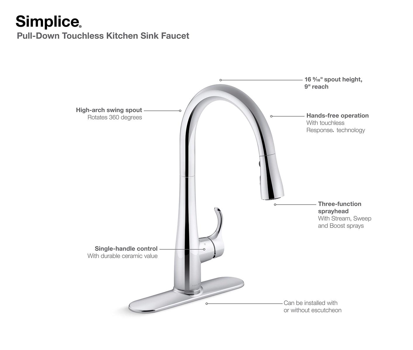 Simplice Touchless Pull-Down Kitchen Sink Faucet with Three-Function Sprayhead