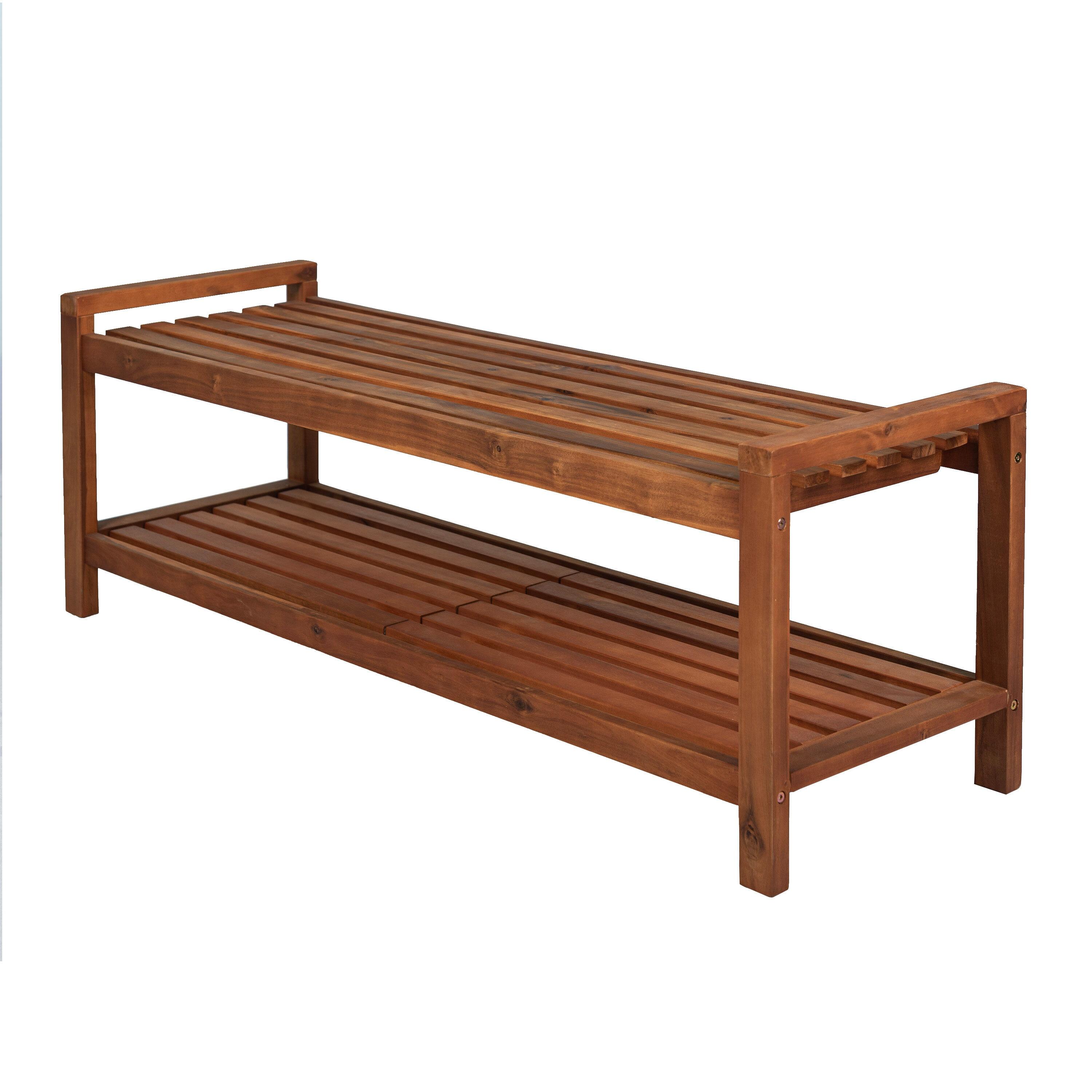 Blane 3-Seat Mid-Century Modern Acacia Wood Slat Outdoor Garden Patio Bench, Teak - JONATHAN Y