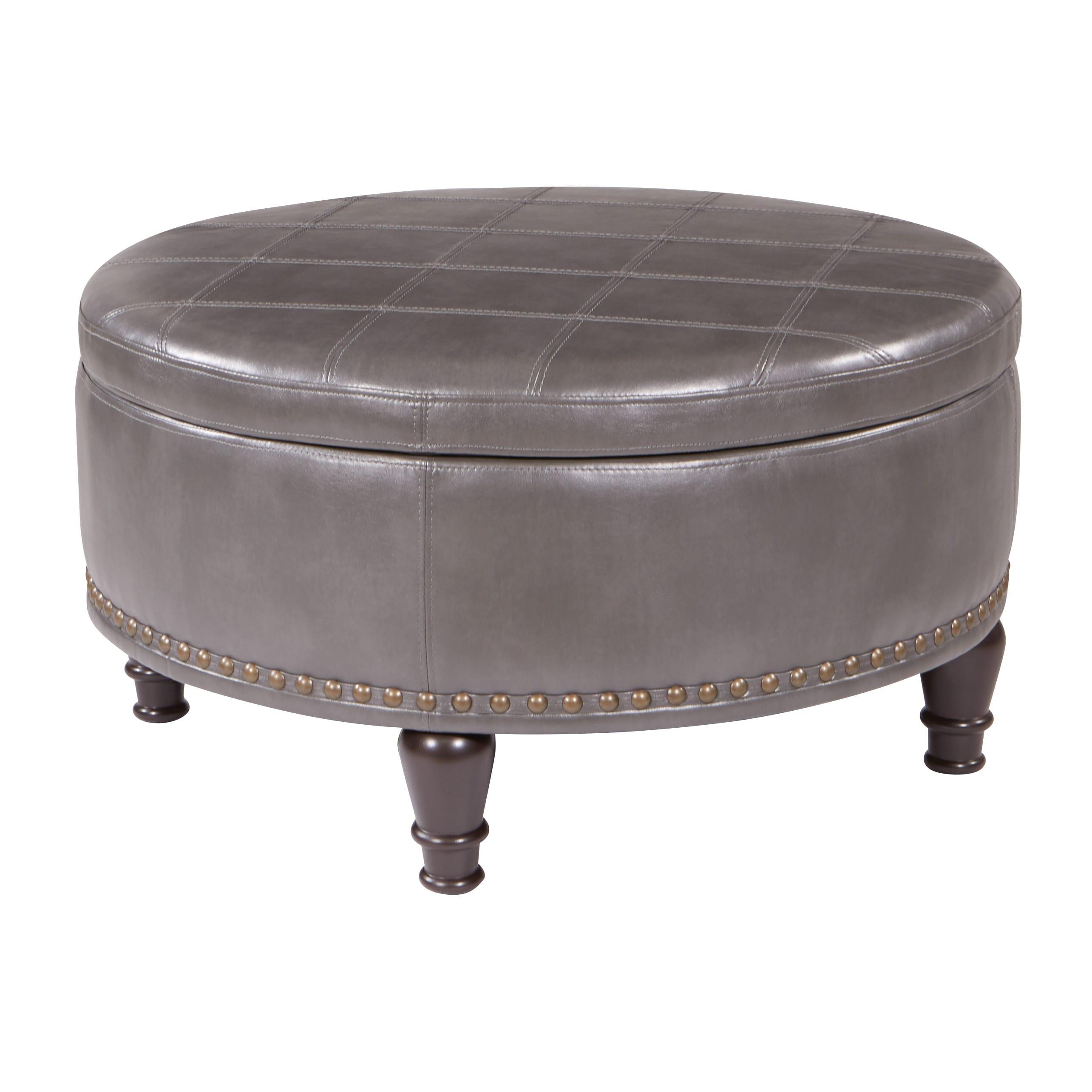 OSP Home Furnishings Augusta Round Storage Ottoman in Pewter Bonded Leather with decorative nailheads