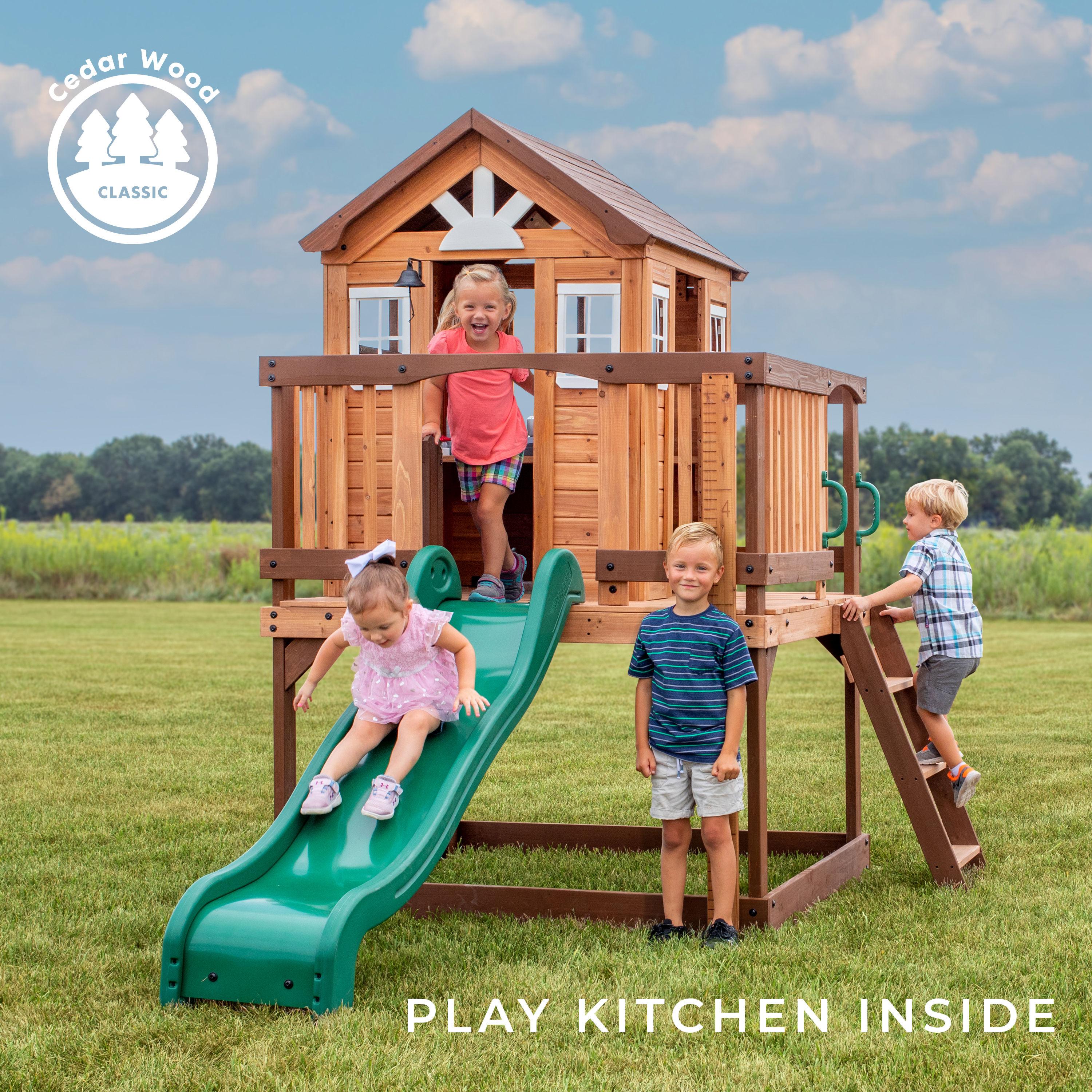 Backyard Discovery Echo Heights Cedar Wooden Elevated Playhouse, Slide, Play Kitchen