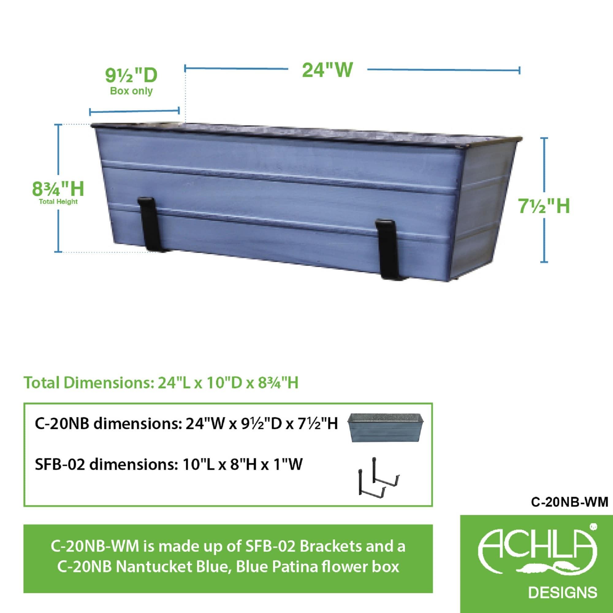 ACHLA Designs 24" Wide Galvanized With Wall Brackets Rectangular Steel Planter Boxes Blue: Outdoor, No Assembly Required
