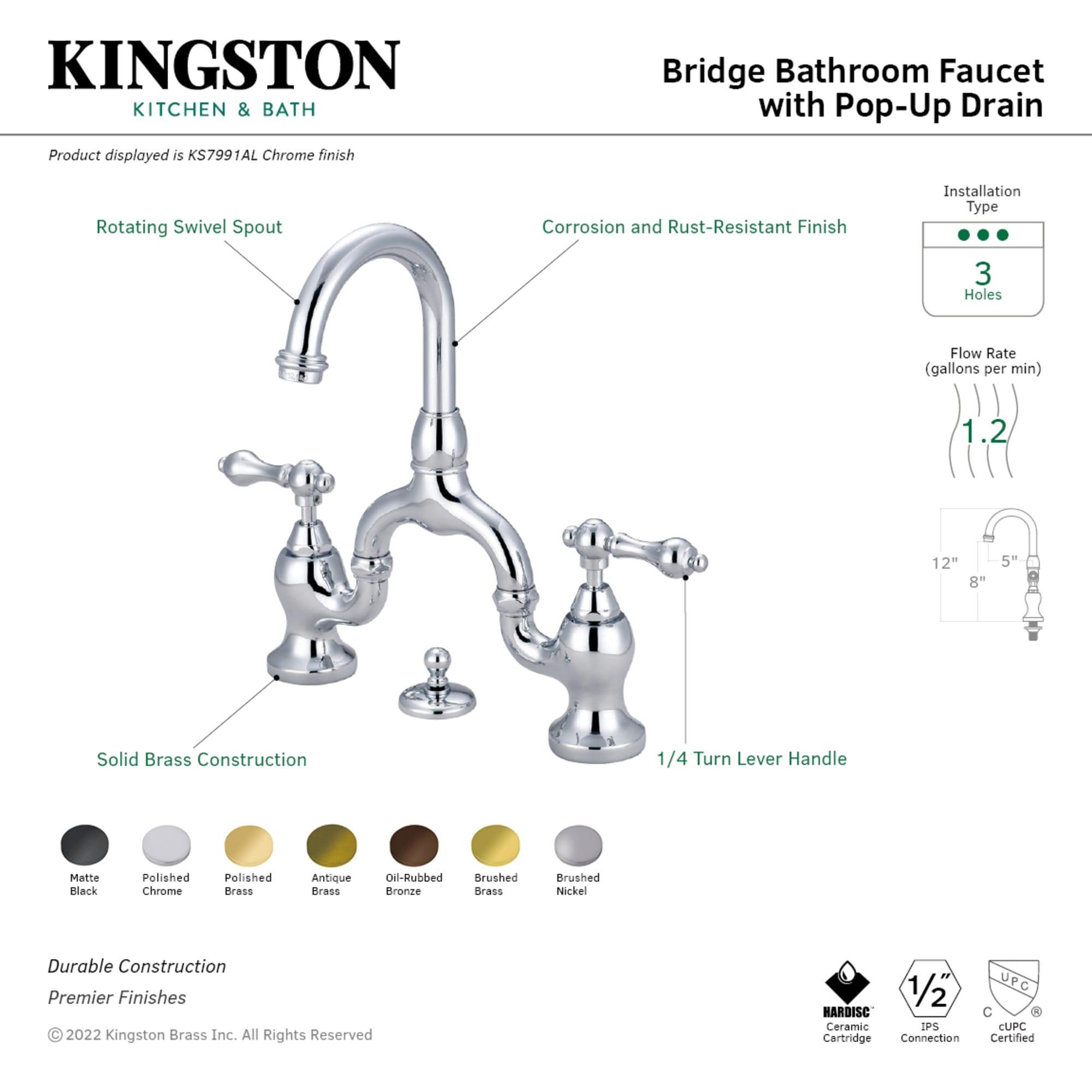 Kingston Brass French Country Two-Handle 3-Hole Deck Mount Bridge Bathroom Faucet with Brass Pop-Up