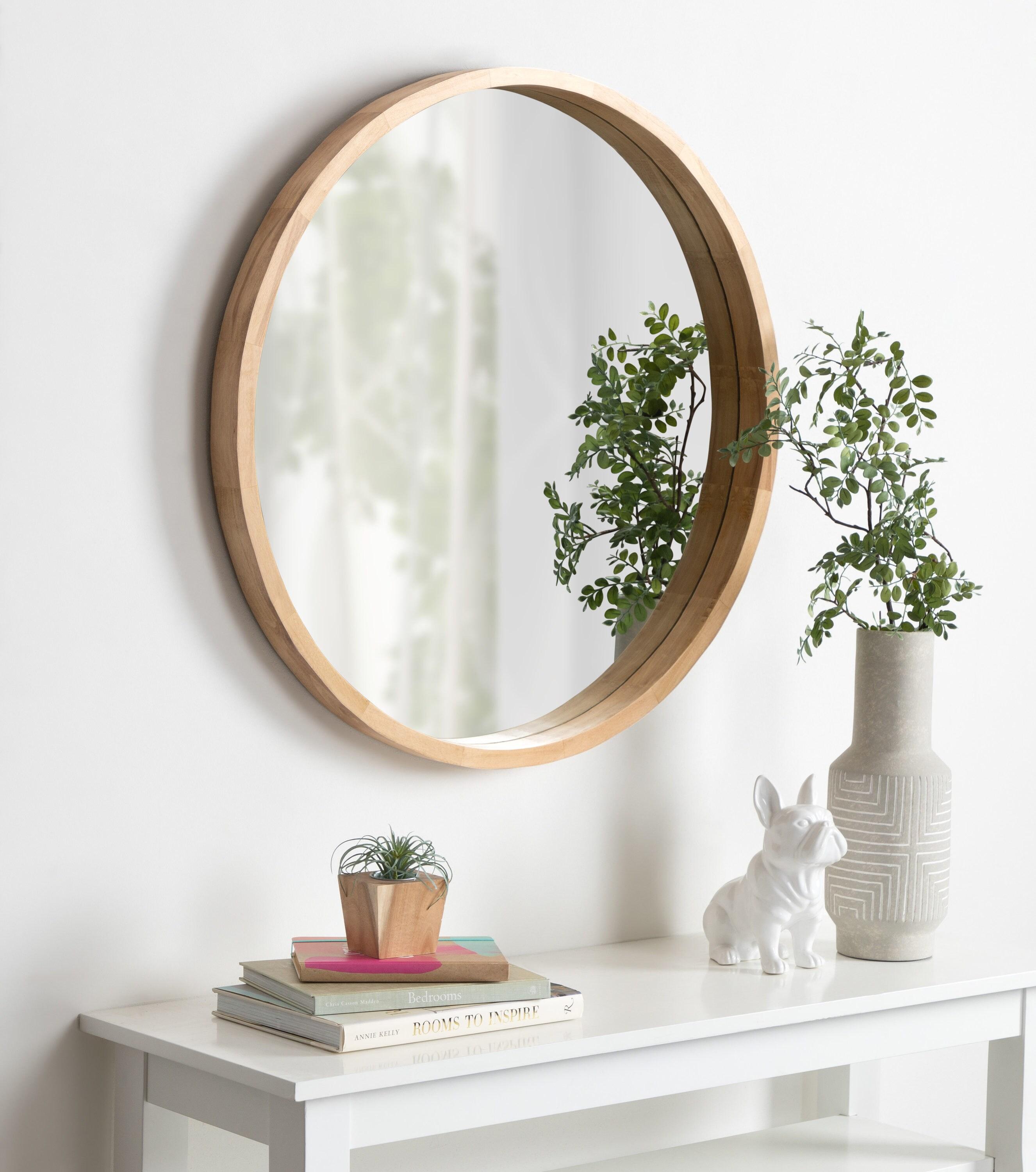 30" x 30" Hutton Round Wood Wall Mirror Natural - Kate and Laurel: Wall Mount, No Assembly Required