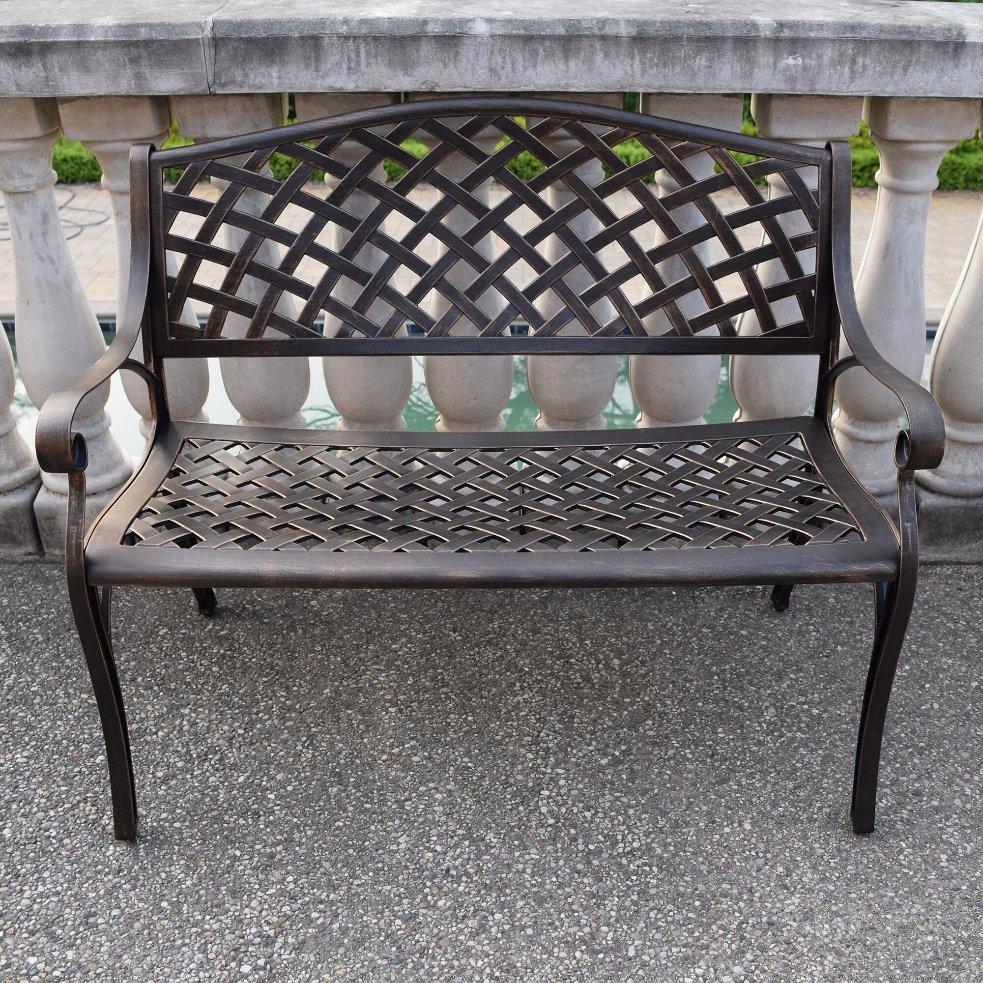 Modern Cast Aluminum Patio Bench Loveseat in Bronze Finish