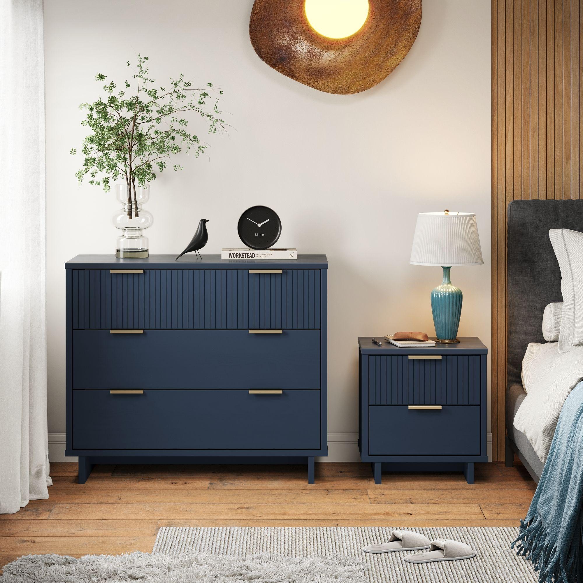 Manhattan Comfort 2pc Granville Dresser and Nightstand Bedroom Set Midnight Blue: Modern Style, Anti-Tip, Dry Dust Care
