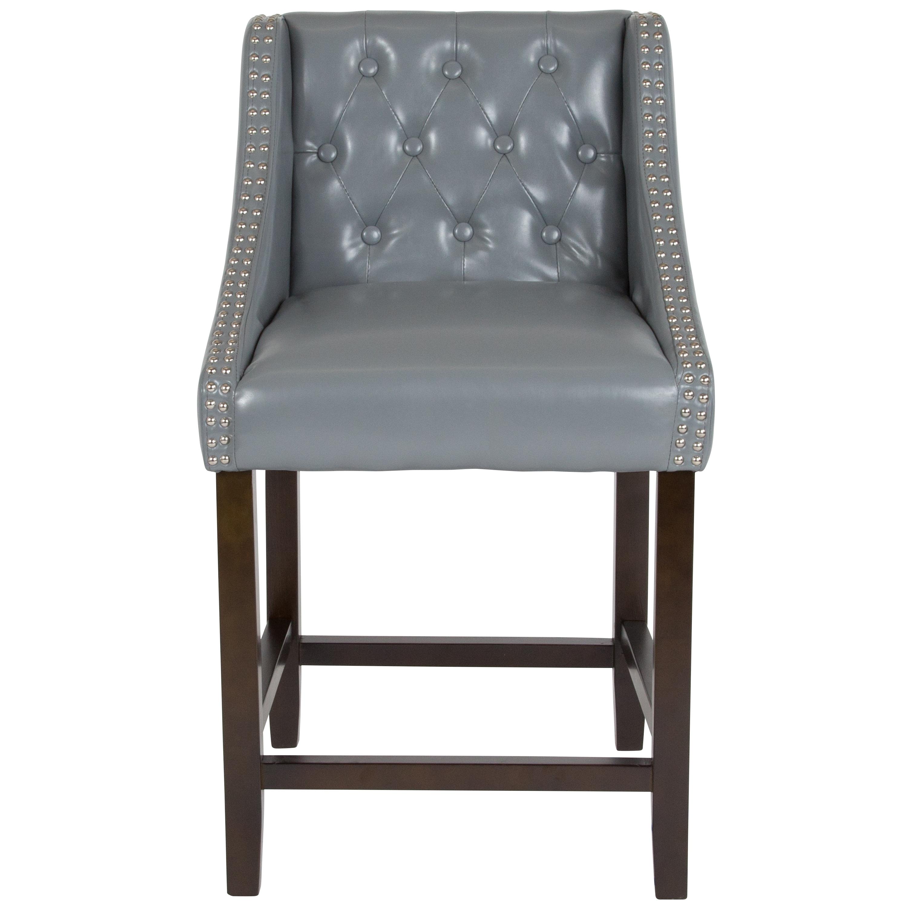 Flash Furniture Carmel Series 24" High Transitional Tufted Walnut Counter Height Stool with Accent Nail Trim in Light Gray LeatherSoft