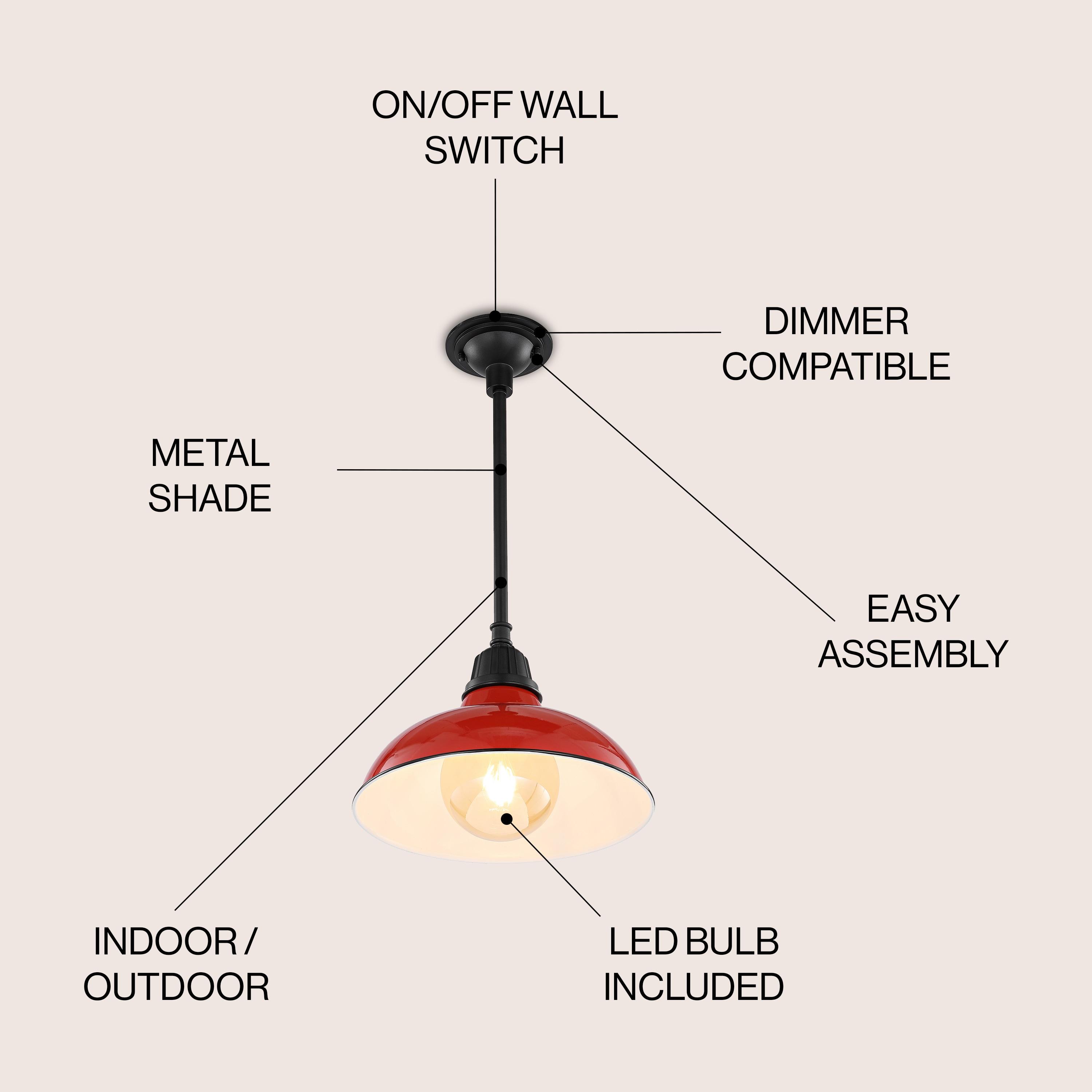 Jasper 12.25" 1-Light Farmhouse Industrial Indoor/Outdoor Iron LED Pendant, Red