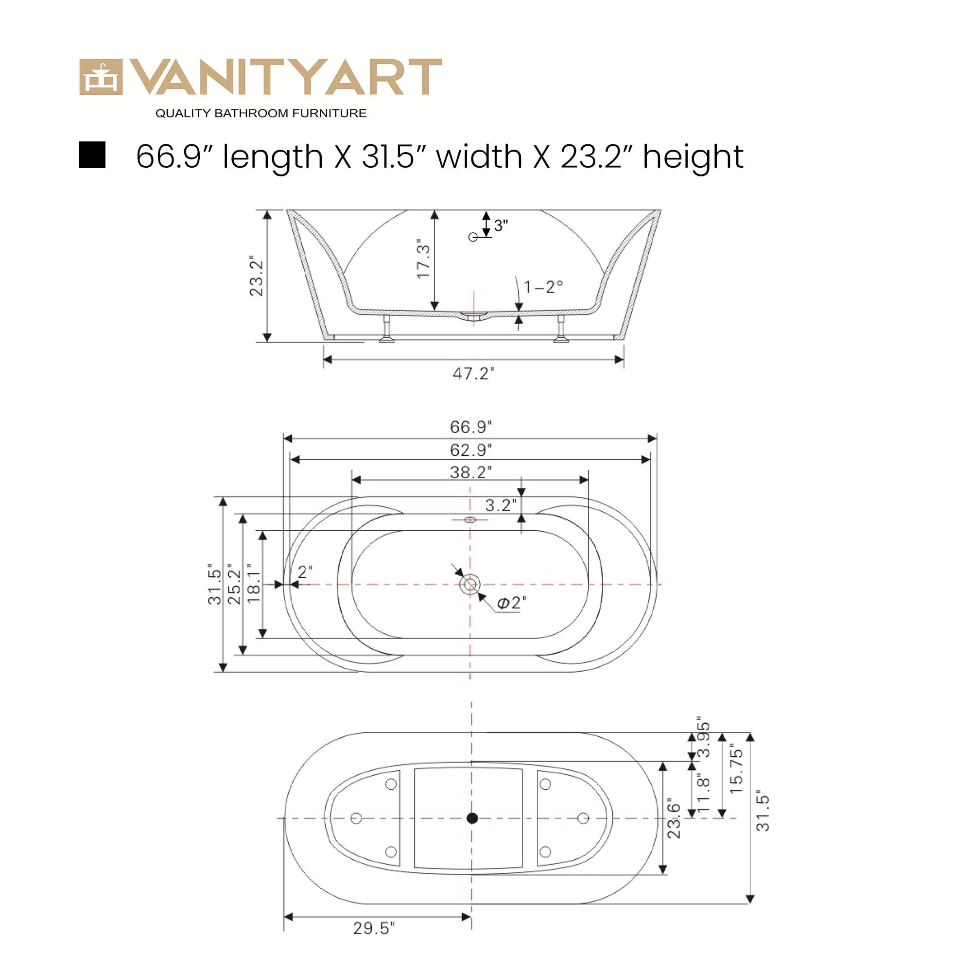 Vanity Art 67" x 32" Acrylic Freestanding Bathtub Contemporary Soaking Tub with Overflow and Pop-Up Drain, VA6804