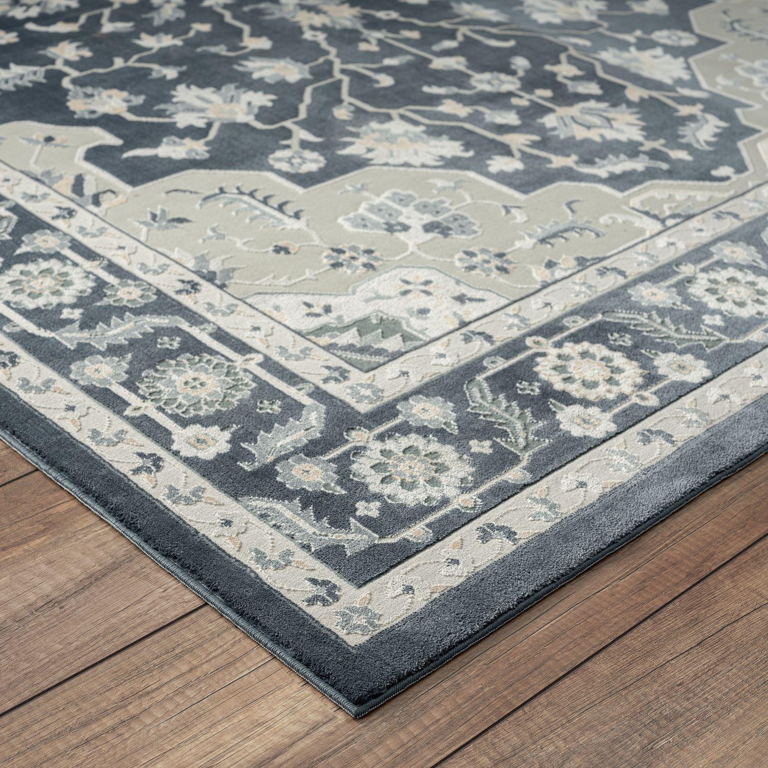 LR Home Imara Kate Navy/Light Gray Traditional Floral Polyester Area Rug, 5'3" x 7'6"