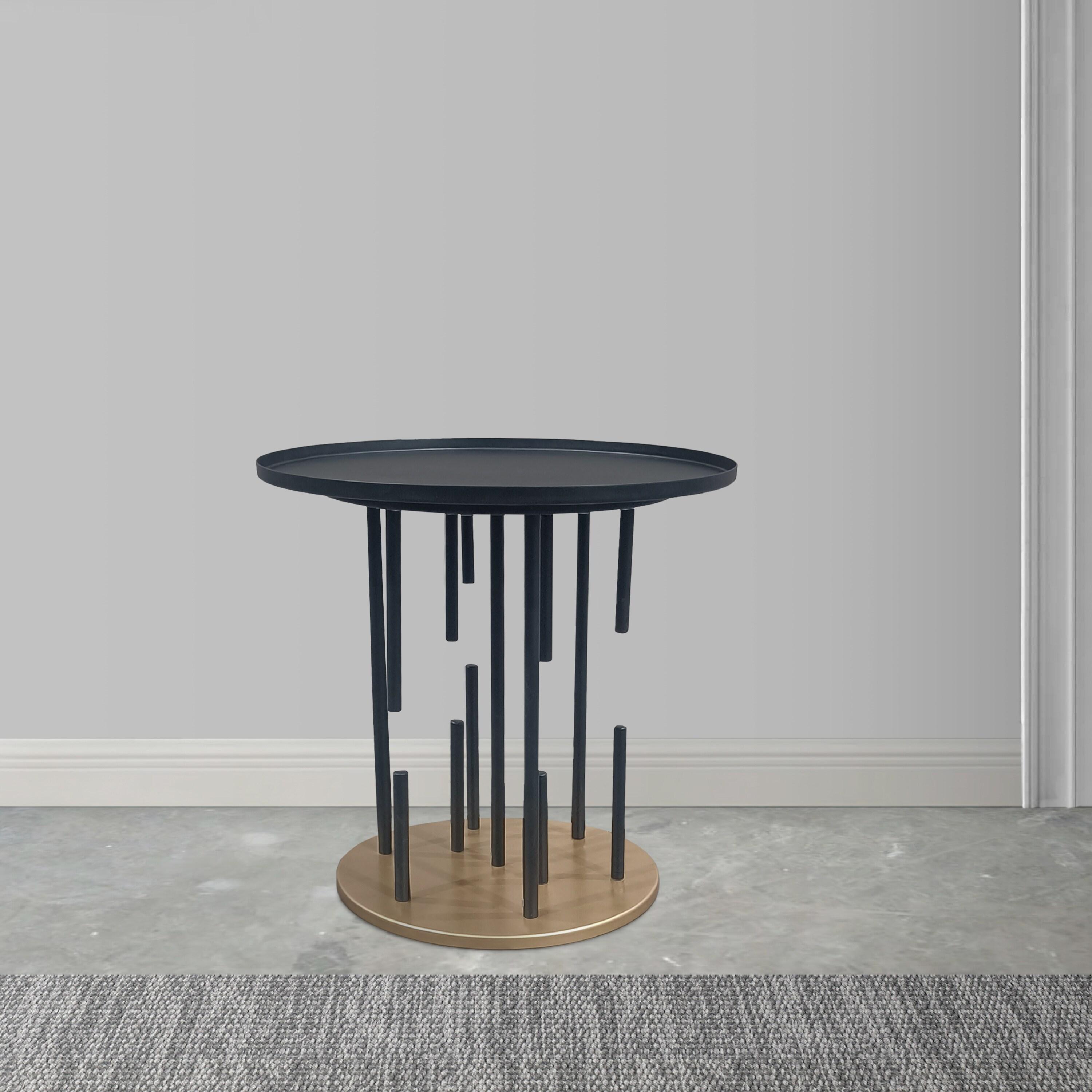 The Urban Port 20" Side End Table Round Matte Black Tray Top Modern Rod Supports with Brass Base Black/Brass