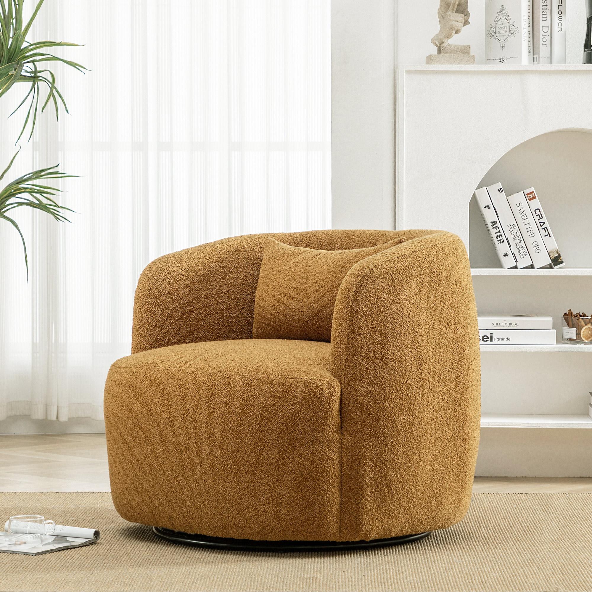 34" Wide Boucle Swivel Barrel Chair, No Assembly Round Upholstered Armchair Accent Chair Single Sofa Chair with Toss Pillow for Living Room and Bedroom, Brown
