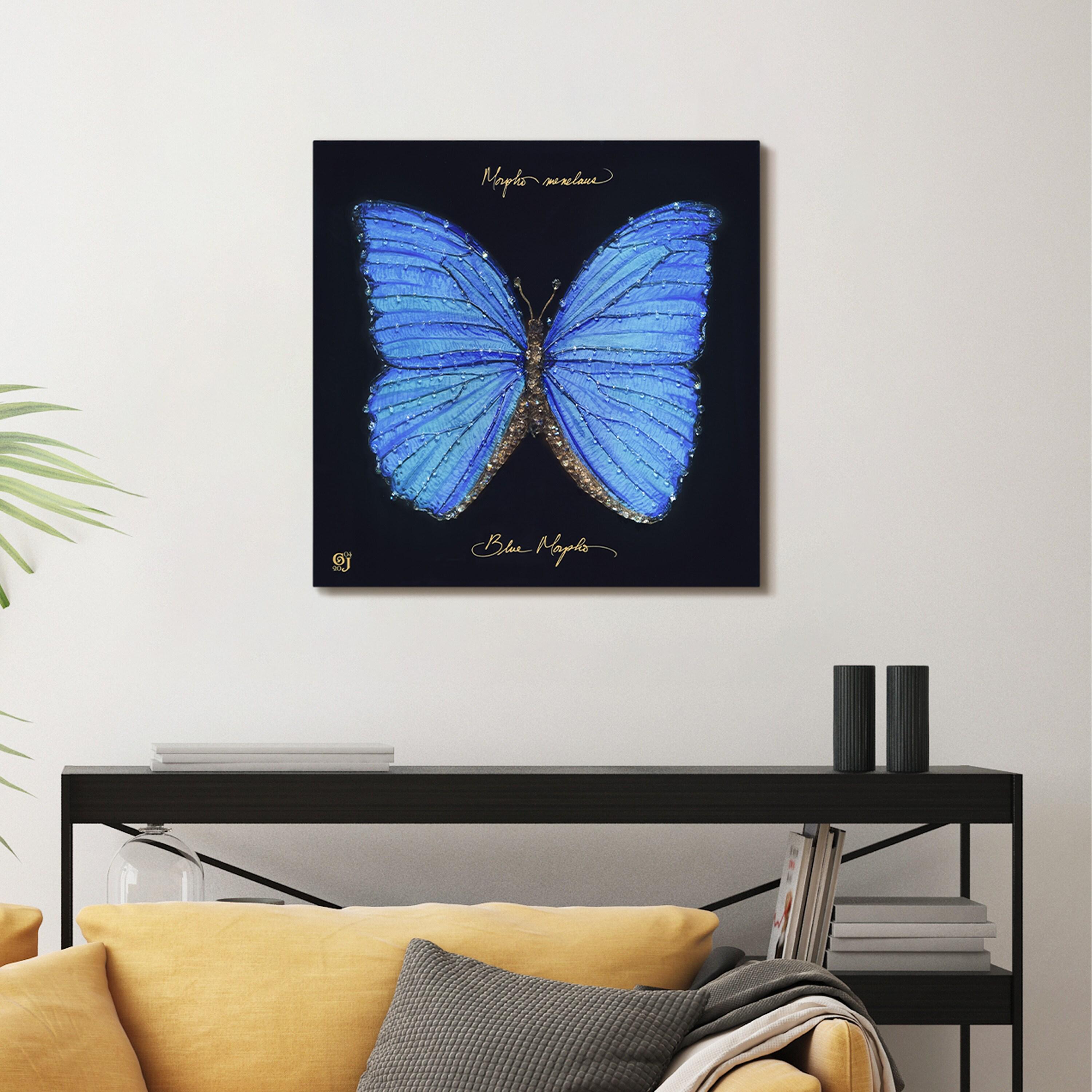 "Blue Monarch Elegance" Crystallus Epoxy Coated Wrapped Glossy Butterfly Canvas Wall Art with Heavy Acrylic Crystal Shards Embellishments