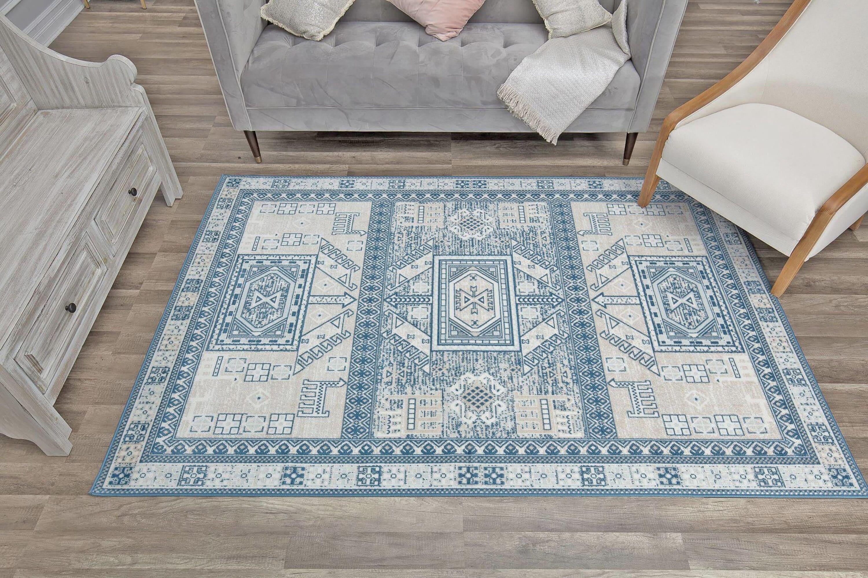 Rugs America Freida FY60A Azure Vintage Farmhouse Area Rug for Dining Room Rug Neutral Rug Living Room Rug Kitchen, 5'x7'