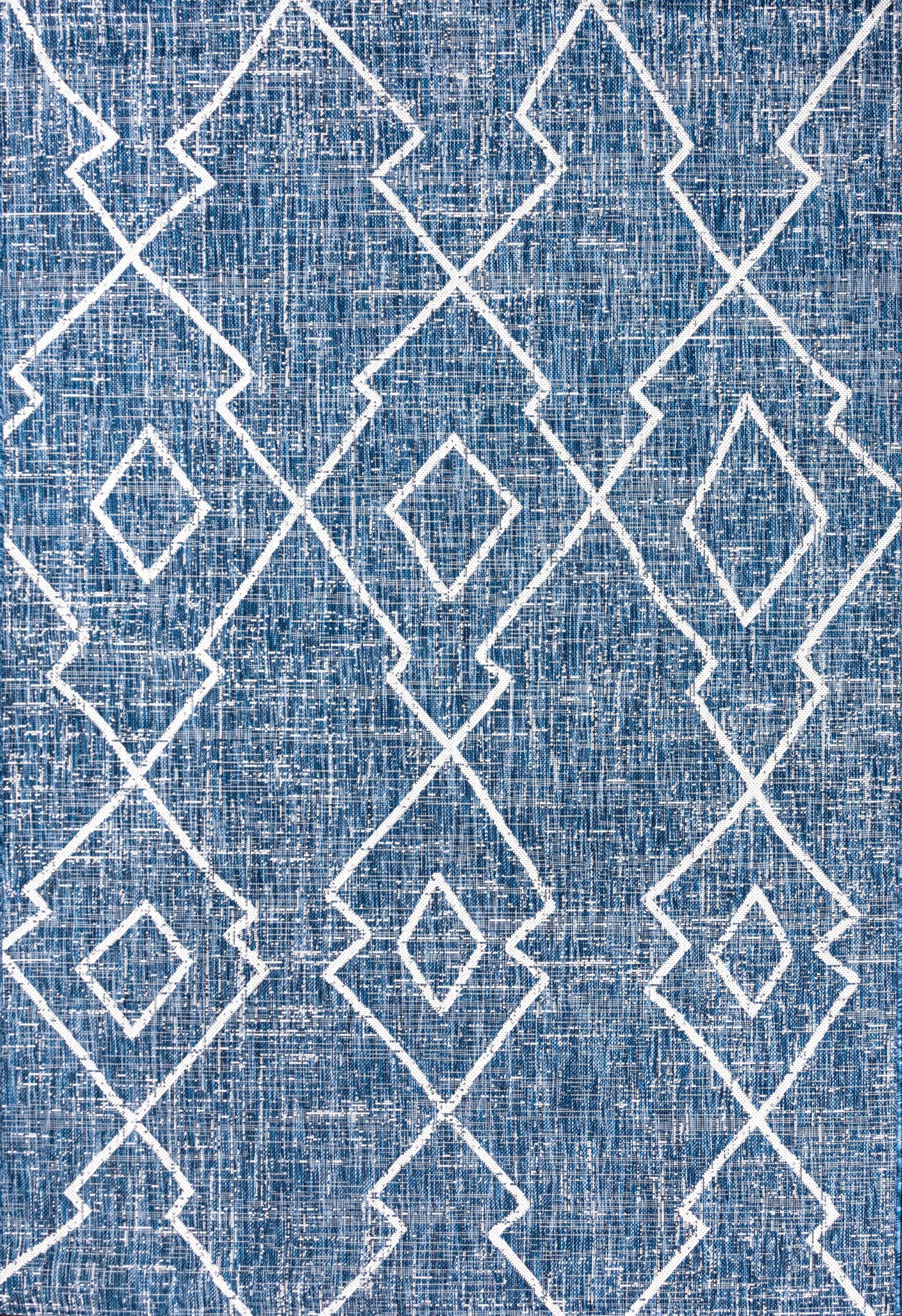 4'x6' Carwa  Diamond Trellis Indoor/Outdoor Area Rug, Blue/Ivory - JONATHAN Y