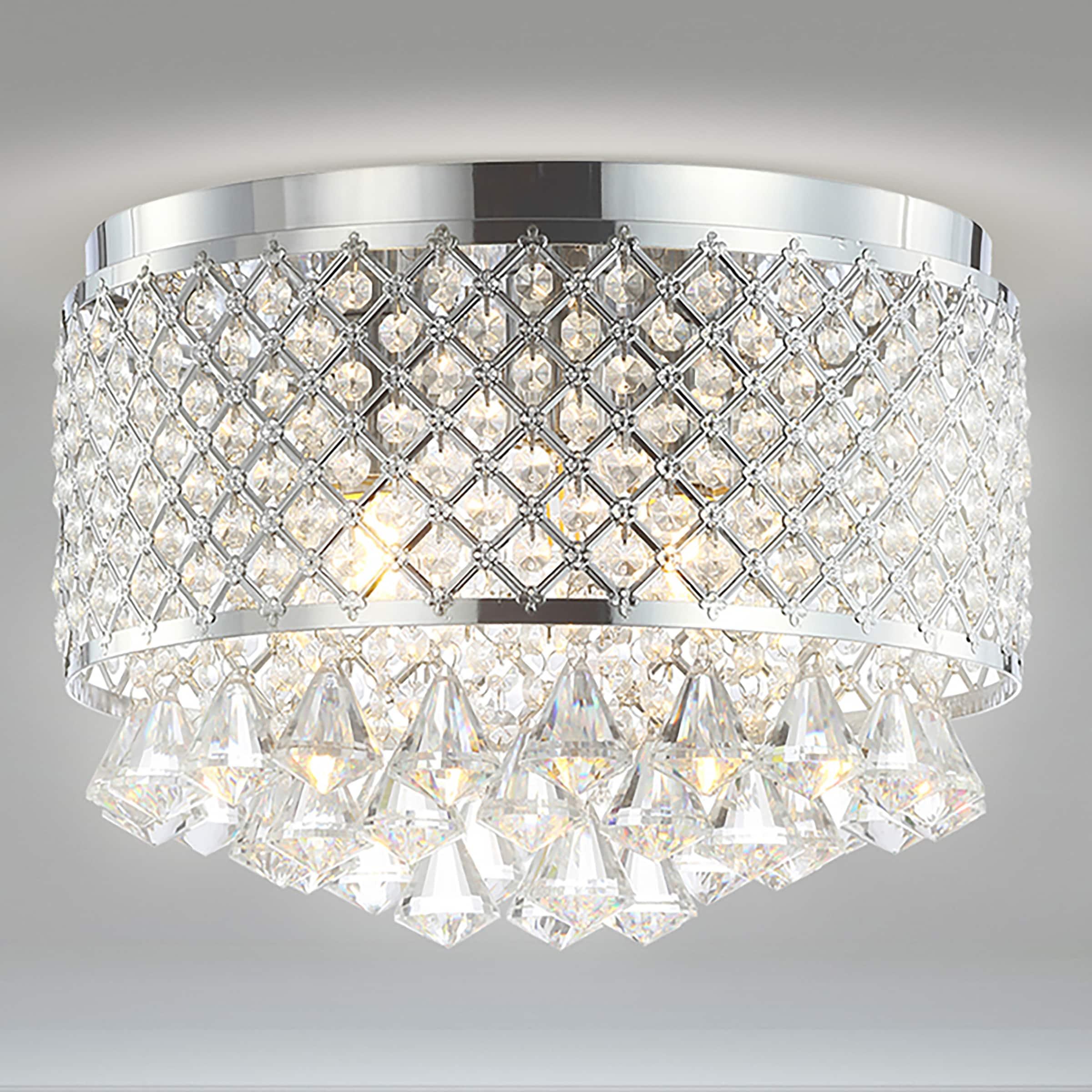 JONATHAN Y Evelyn 14.7" 3-Light Crystal Drops/Metal LED Flush Mount, Chrome