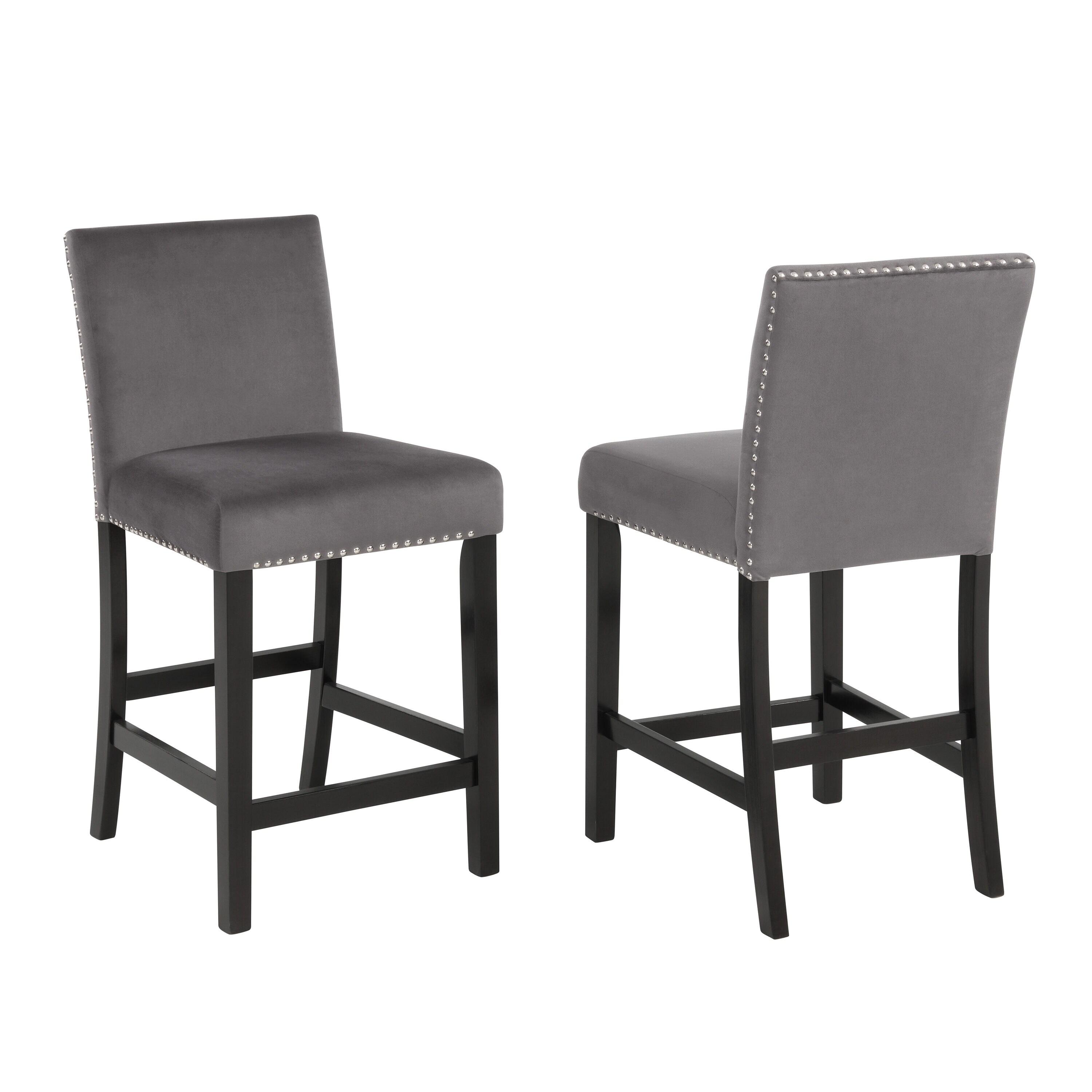 Roundhill Furniture Cobre Contemporary Velvet Counter Stool with Nailhead Trim, Gray, Set of 2