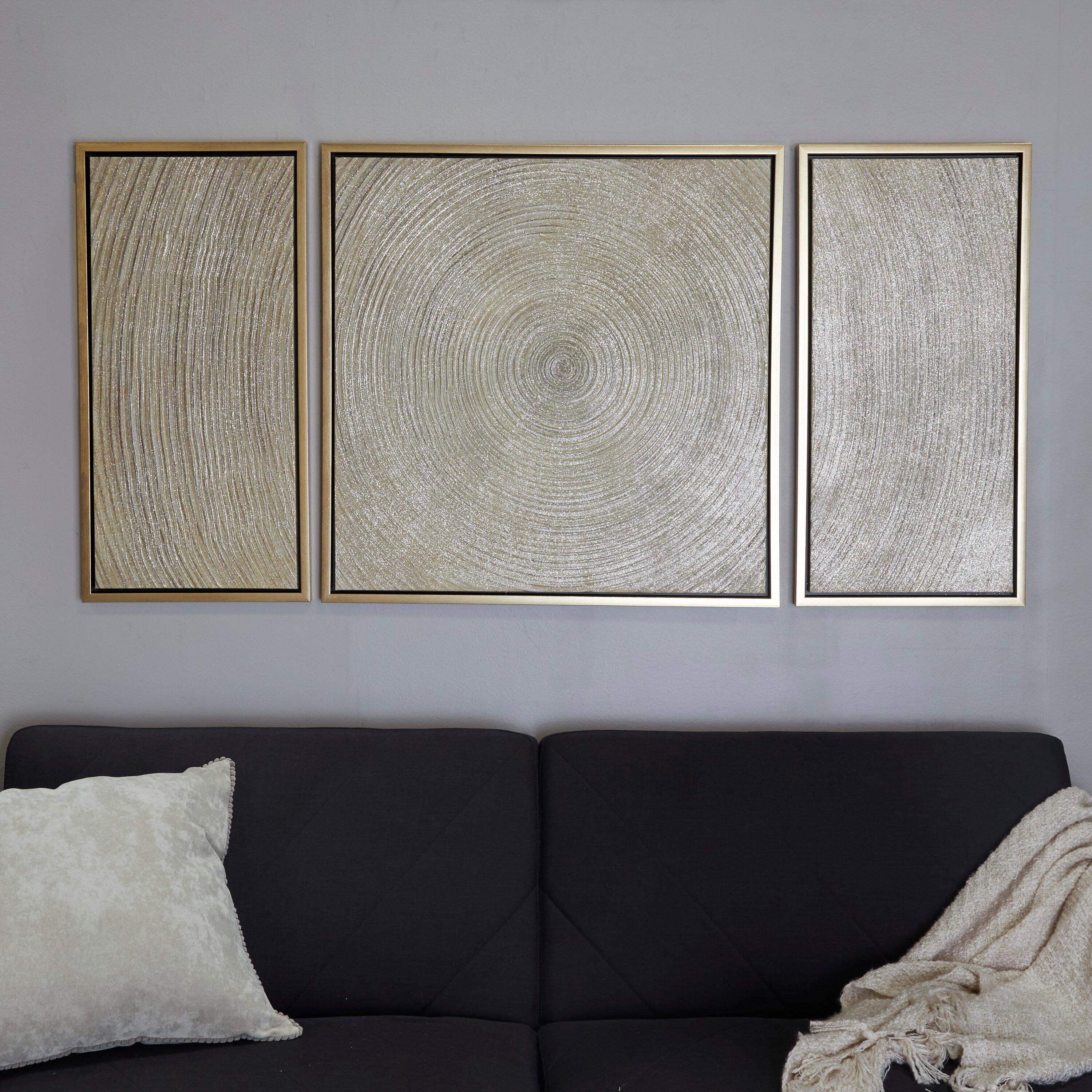 Deco 79 Canvas Starburst Living Room Framed Wall Art Ripple Canvas Wall Art with Gold Frame, Set of 3 Wall Art 32", 16", 16" W, Gold