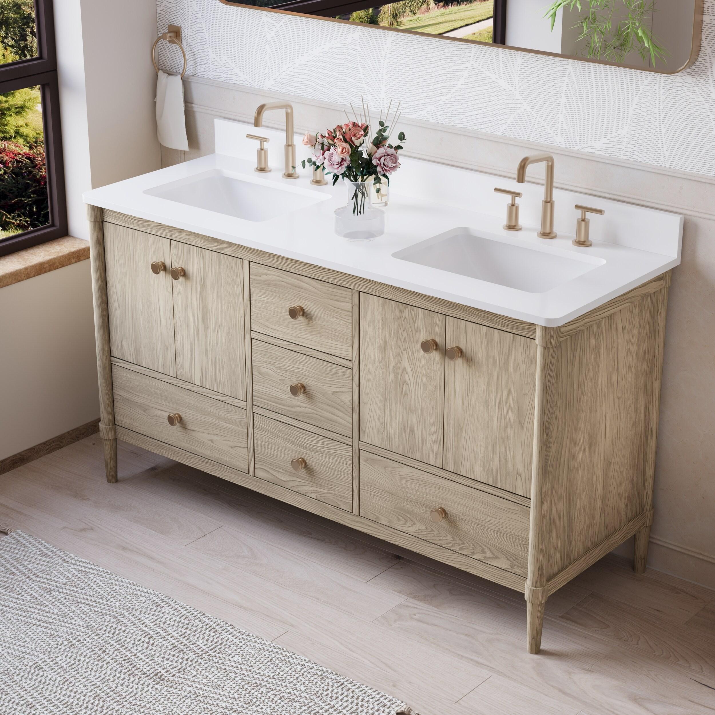 Wellfor 60 Inch Bathroom Vanity with Double Sinks, Freestanding Solid Wood Barhroom Sink vanity, Carrera White Marble Countertop, Bathroom Vanity Storage Organizer with 4 Doors and 5 Drawers, Oak Wood