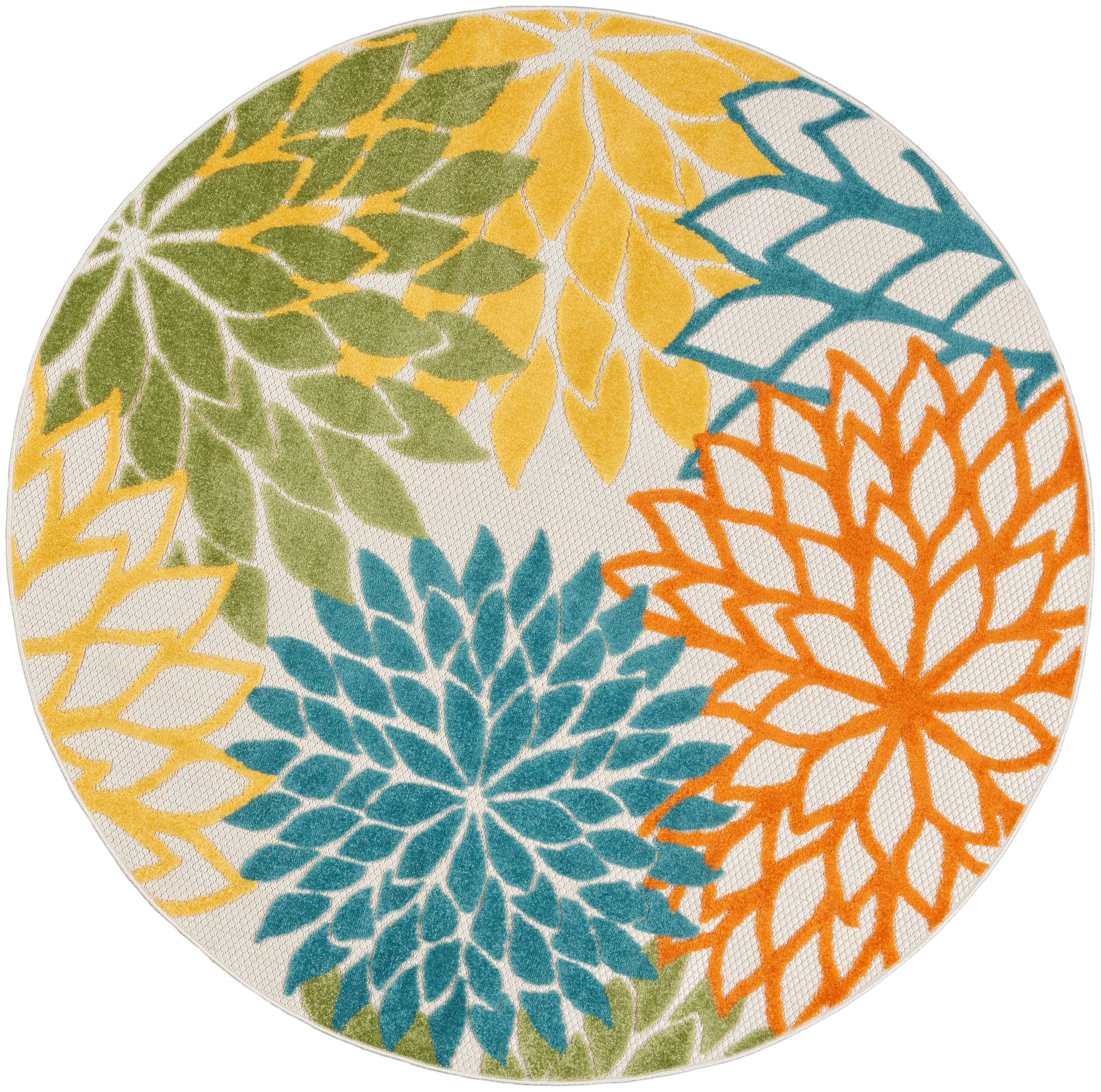 Nourison Aloha Floral Bloom Flatweave High-Low Indoor Outdoor Round Rug Turquoise Multicolor 4' x 4'