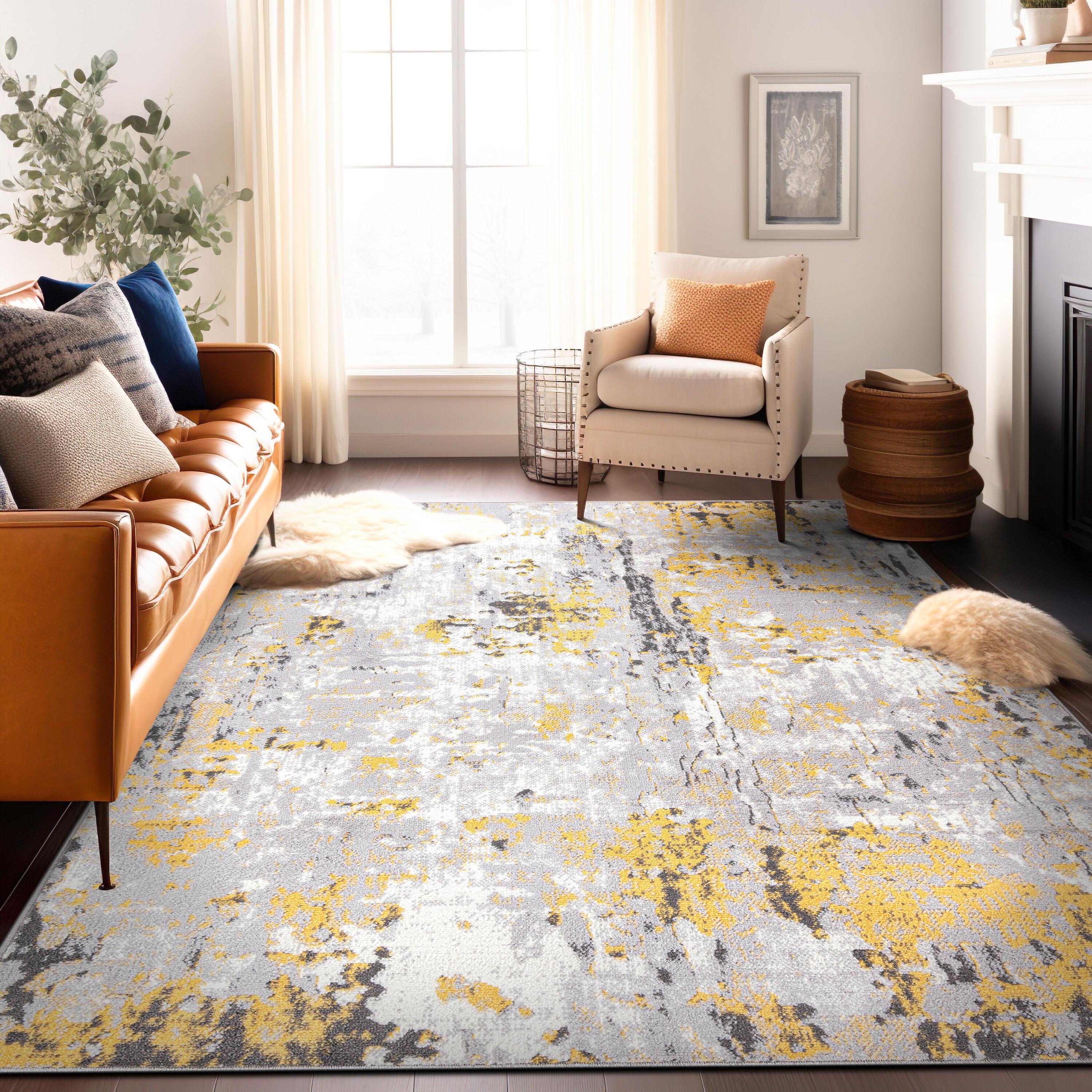 World Rug Gallery Distressed Modern Abstract Area Rug - Yellow 5' x 7'