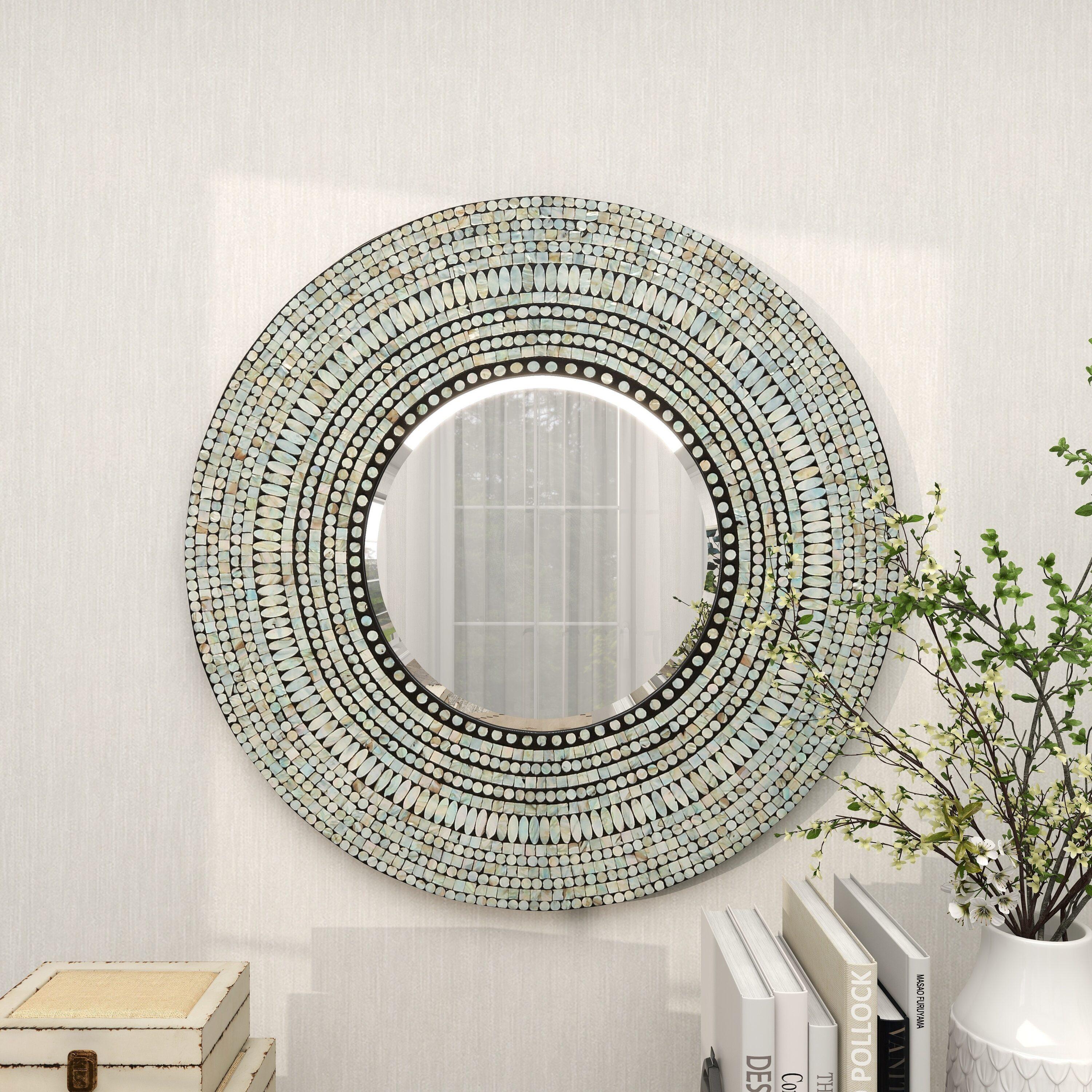 Olivia & May Wood Handmade Mosaic Wall Mirror Silver : Nautical Coastal Decor, 31.5" Round, No Assembly Required