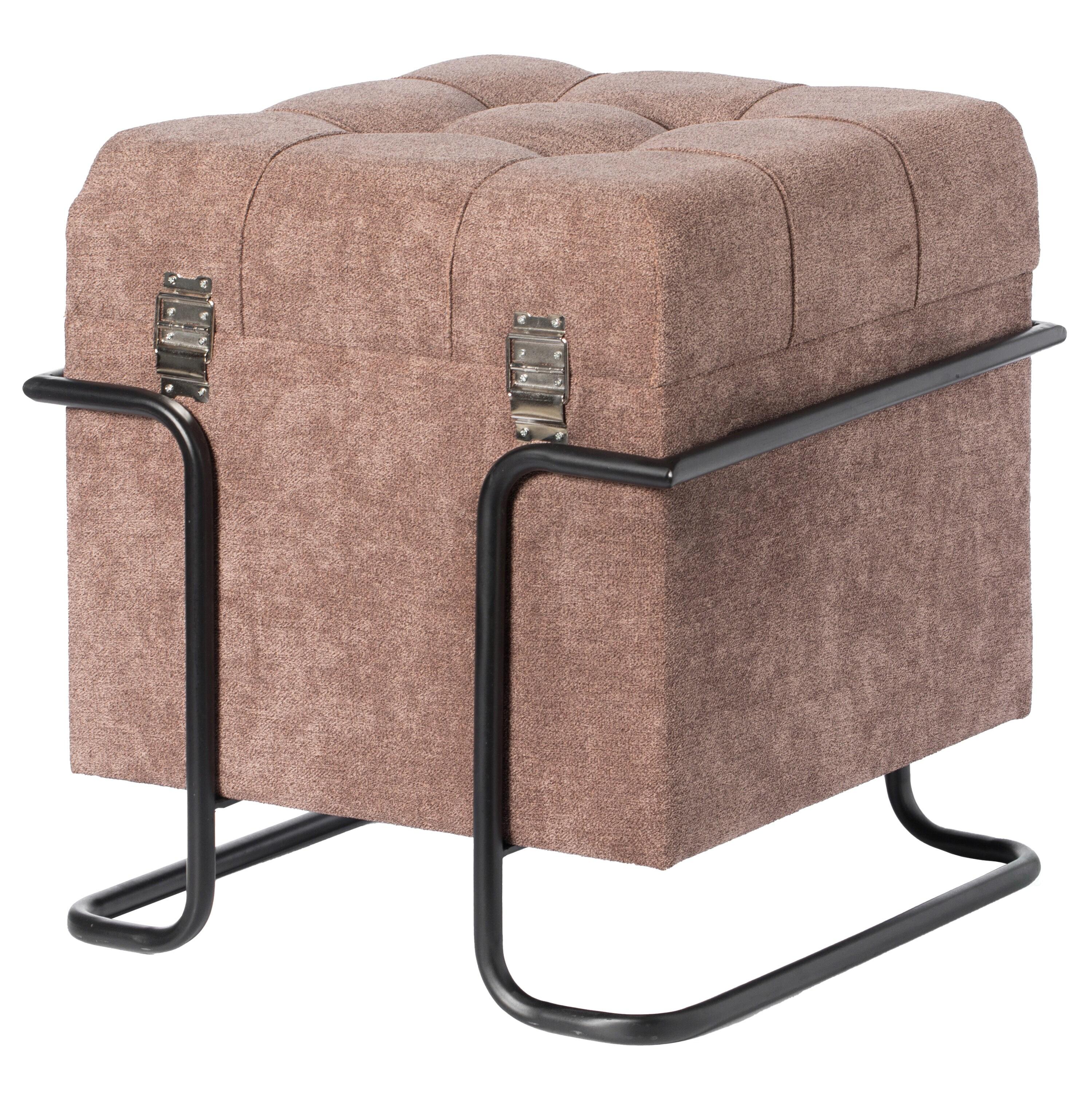 Fabulaxe Square Fabric Storage Ottoman with Black Metal Frame, Brown