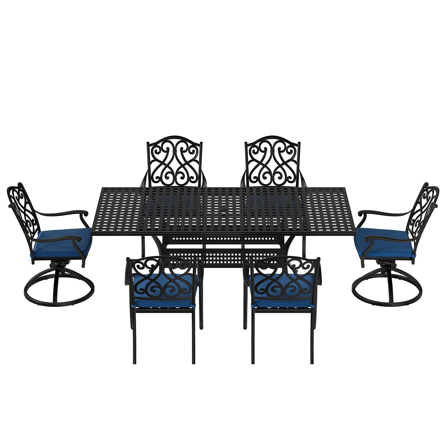 Black Cast Aluminum 6-Person Outdoor Dining Set with Blue Cushions