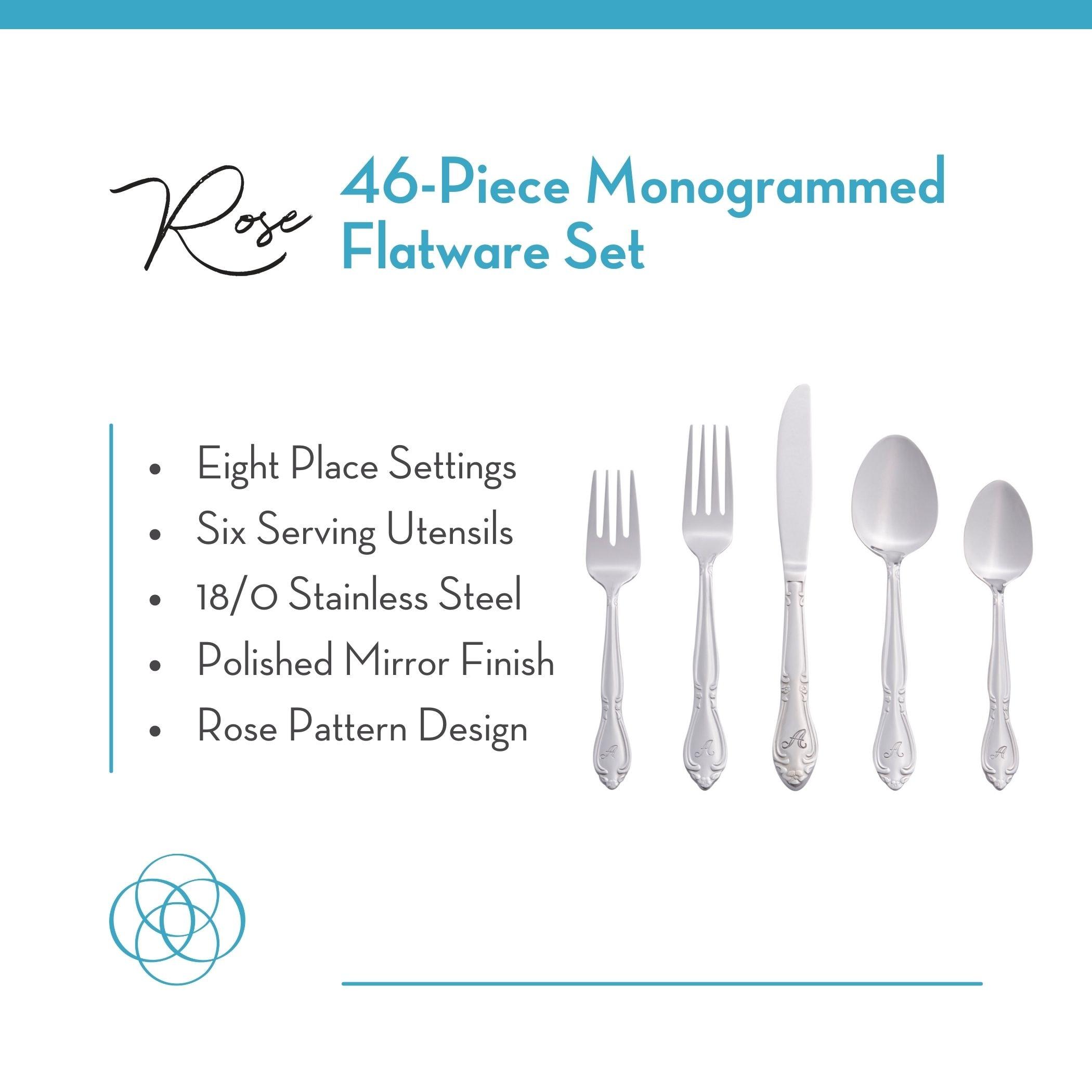 RiverRidge Home RiverRidge Rose Flatware 46-Piece Monogrammed Stainless Steel Silverware Set for 8