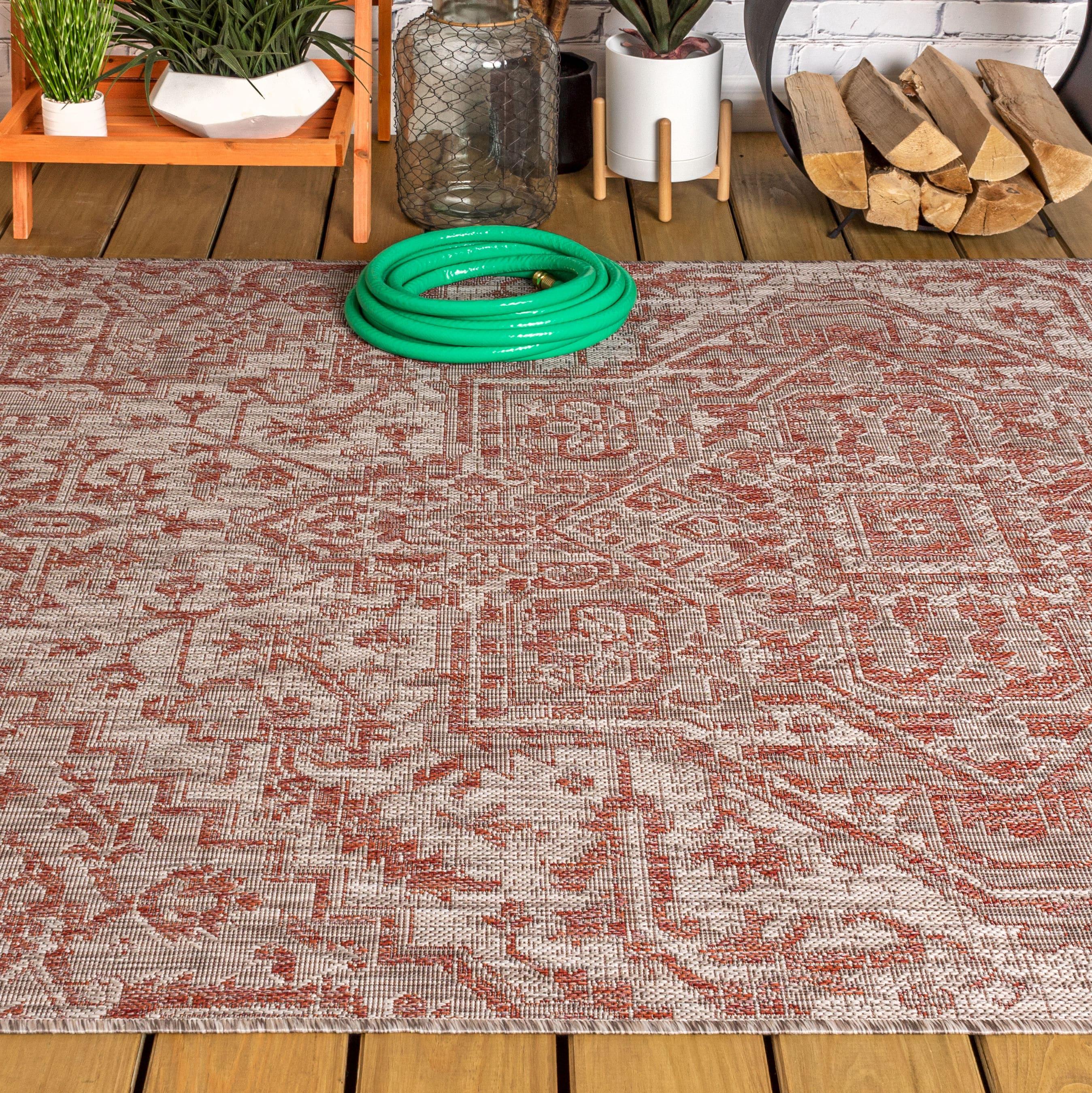 8'x10' Estrella Bohemian Medallion Textured Weave Indoor/Outdoor Area Rug, Red/Taupe - JONATHAN Y
