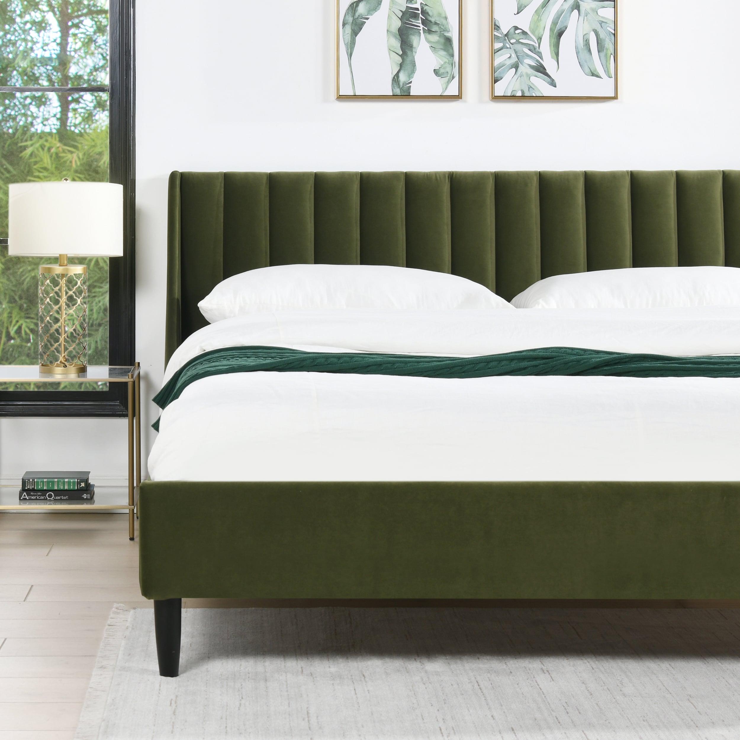 Aspen Vertical Tufted Headboard Platform Bed Set King Olive Green Velvet